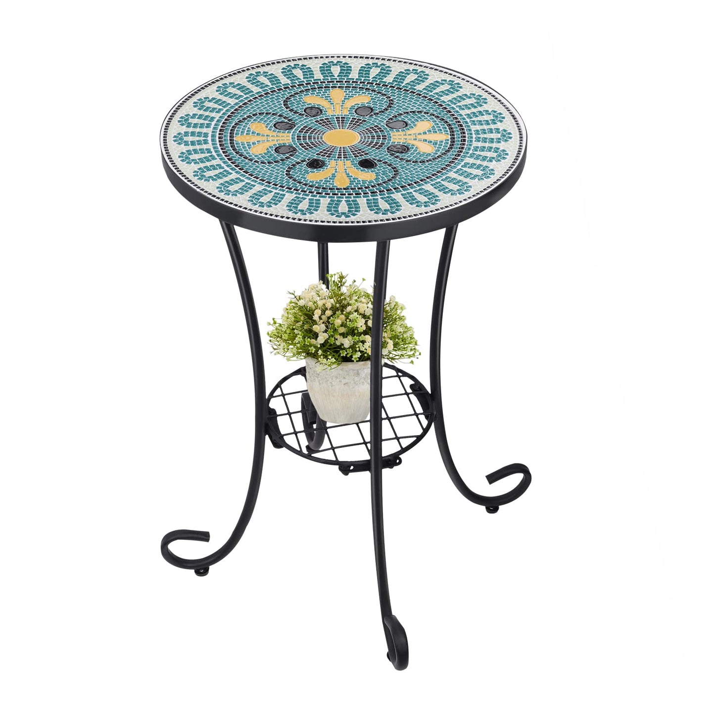 VCUTEKA Outdoor Side Table Mosaic Patio Table Accent Tables Mosaic Tile Top Metal Frame Small End Tables Porch Beach Patio Garden Balcony Green 14''