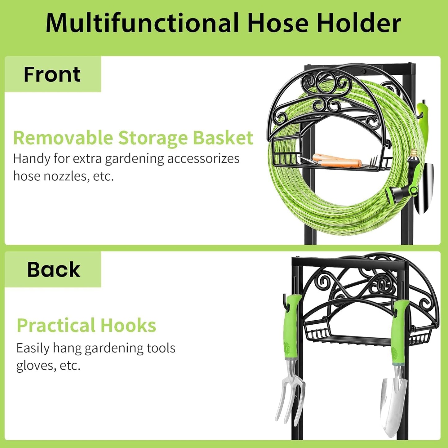TomCare Garden Hose Holder Upgraded Water Hose Holder with Storage Basket Heavy Duty 4 Spikes Hose Hanger Holds 160 Feet Hoses Stable Freestanding Hose Storage Organizer for Outside Yard