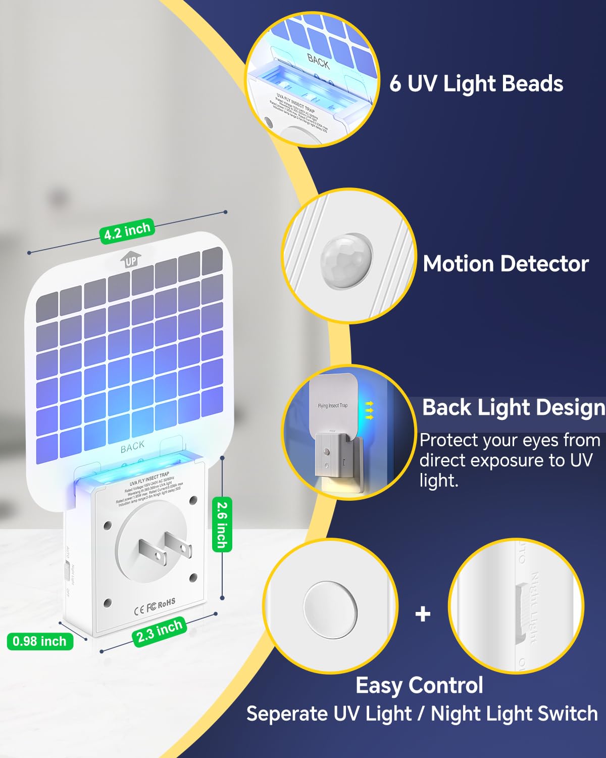 Fly Trap Indoor- 2 in 1 Plug in Fly Trap with Auto Night Light, Fruit Fly Traps for Indoors, Gnat Trap, Bug Light Trap for Mosquitoes, Flies, Fruit Flies, Moths (2)
