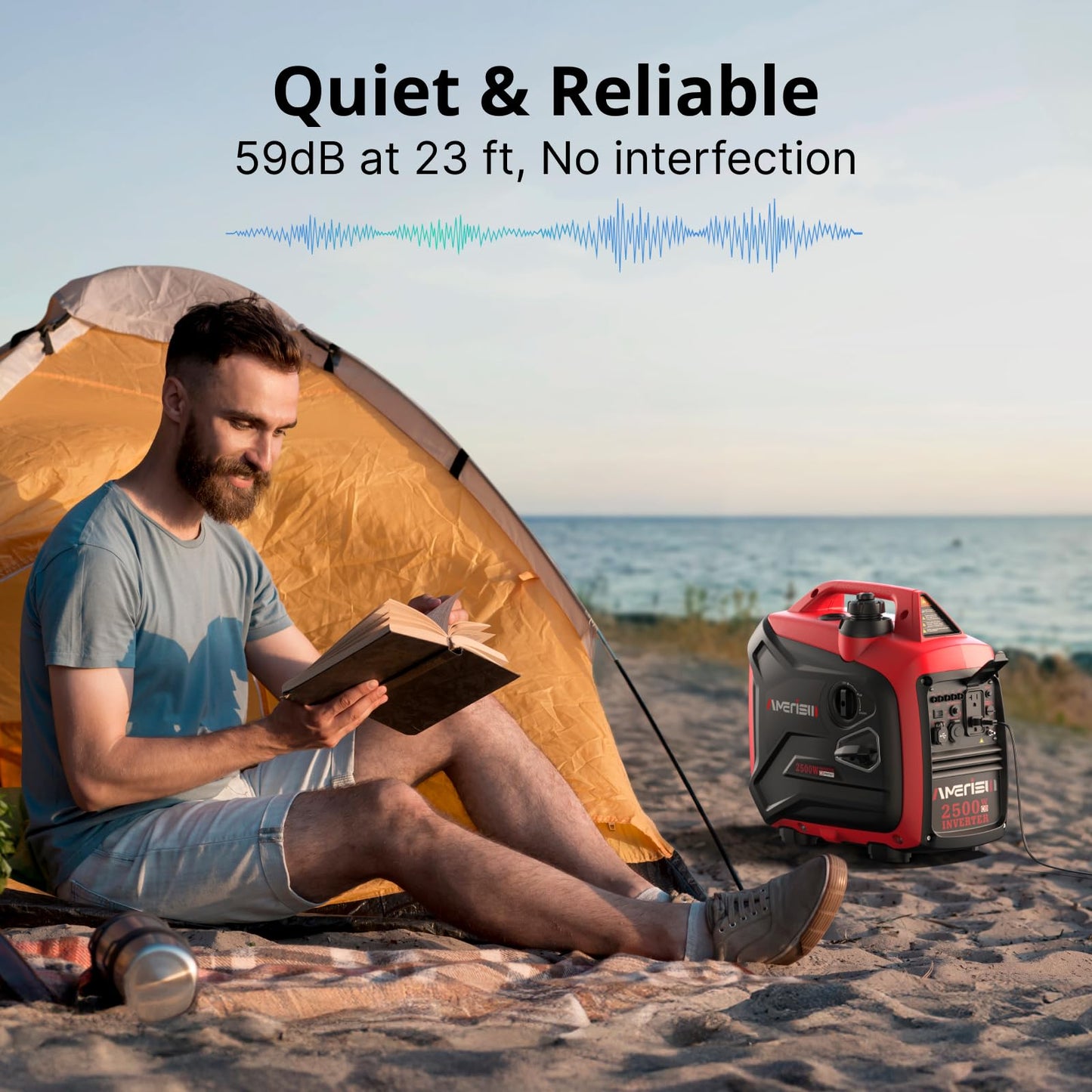 AMERISUN 2500W Portable Inverter Generator, Gas Powered Generator with CO Sensor, 11H Runtime, 120V AC/12V DC/USB, Quiet, Lightweight for Outdoor, Home Backup, RV, Camping & Emergency Power