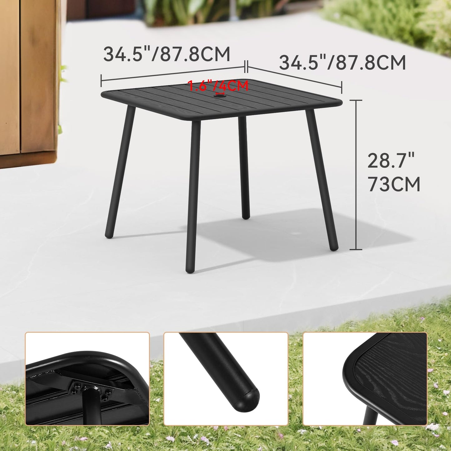C-Hopetree Square Metal Outdoor Dining Table with Umbrella Hole for Outside Patio, Black
