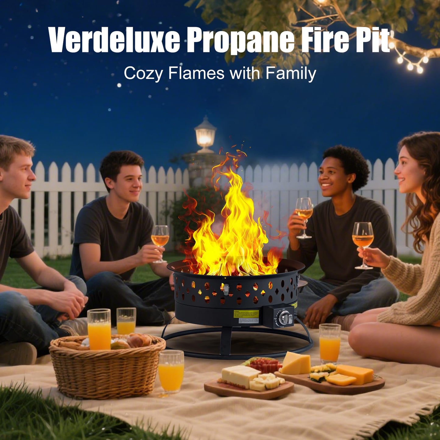 Verdeluxe 22 Inch Portable Propane Fire Pit,Gas Fire Pit for Outside with Lid & Handle, Smokeless Gas Firepit Bowl with Lava Rocks,Outdoor Propane Firepits for Camping,Patio,Yard,Bonfire.(Black)