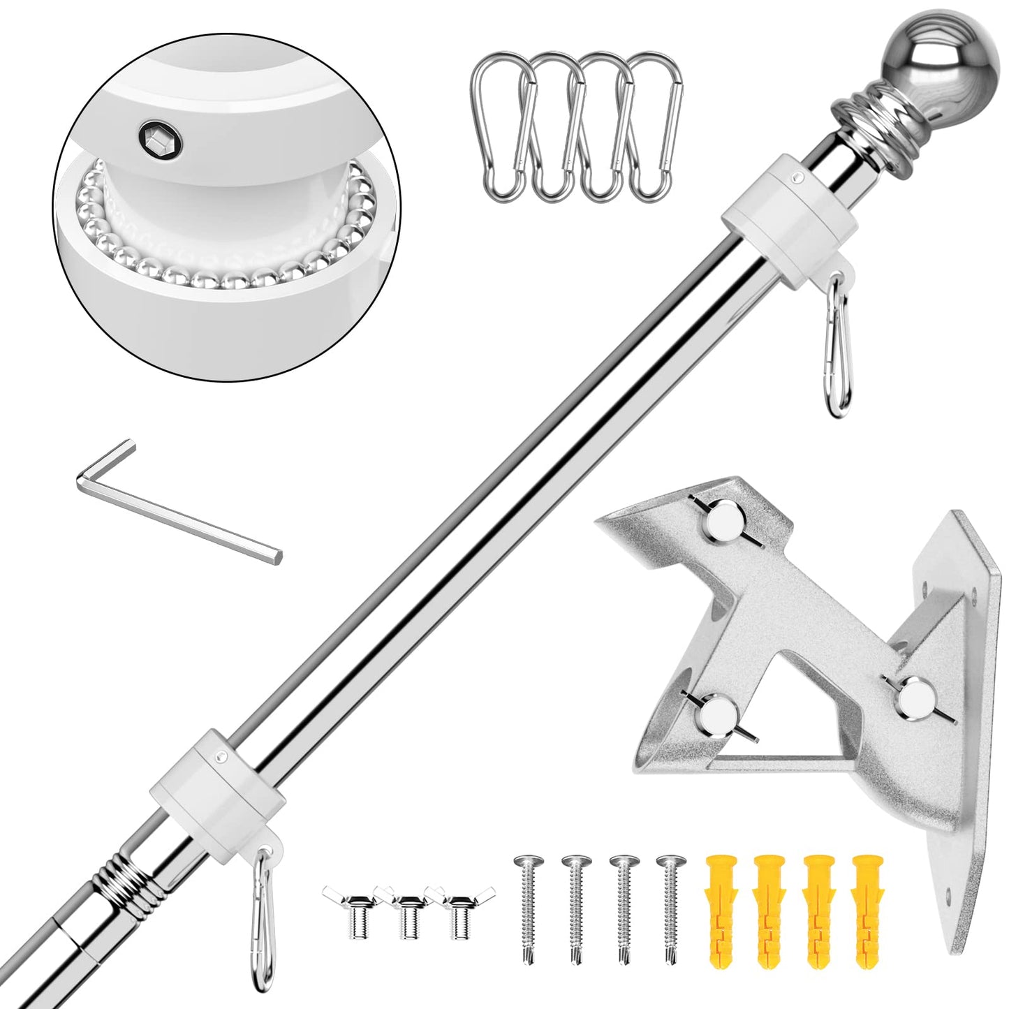 FIASON 5 FT House Flag Pole Kit with 2-Position Flagpole Holder Bracket for Outside House Outdoor Porch (5 FT, Silver)