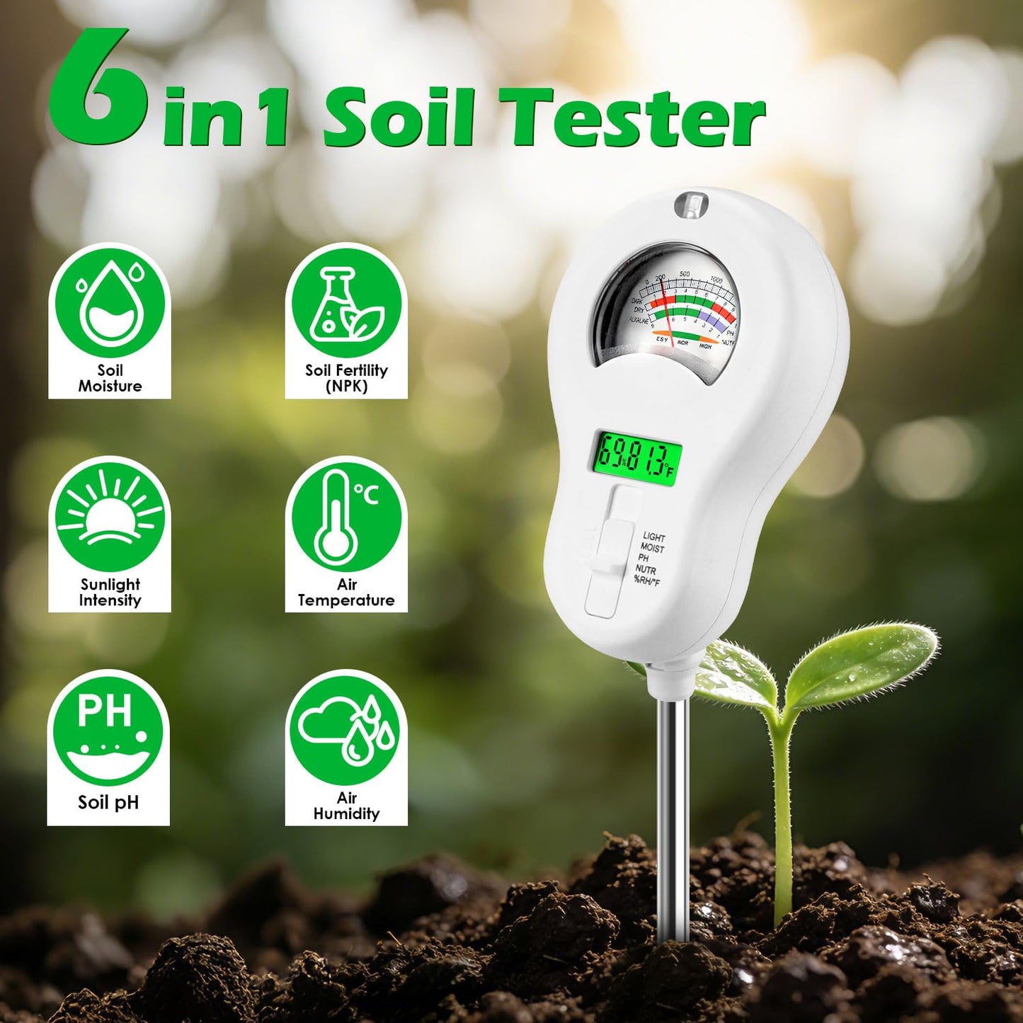 peccera 6-in-1 Soil Test Kit with 3 Replaceable Probes, Soil Tester for Gardening, Plant Water Meter, Soil pH Tester for Soil Fertilizer, Sunlight & LCD Display Air Temperature Humidity Sensor