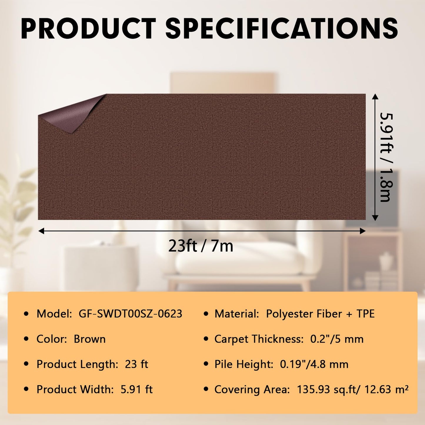 Grefinity Marine Carpet,5 FT x 10 FT Brown Indoor Outdoor Carpet 0.2" Thick Boat Carpet with Water-Proof TPE Backing, Non-Slide Outdoor Marine Carpet Roll for Home, Patio, Porch, Deck