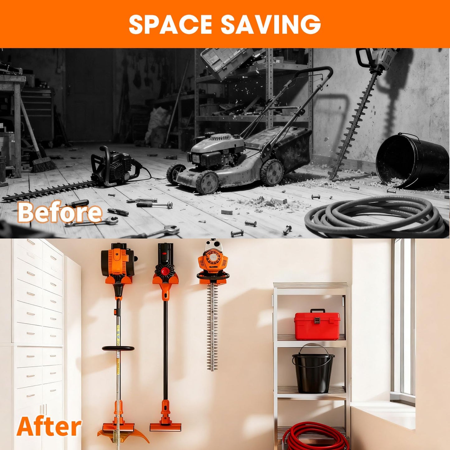AURIKAR Weed Eater Hanger, Garage Organizer Trimmer Rack Wall Mount, Garden Power Tool Holder Garage Hooks for Grass Trimmer, Hedge Trimmer, Leaf Blower and Chainsaw Storage, 2 Pack