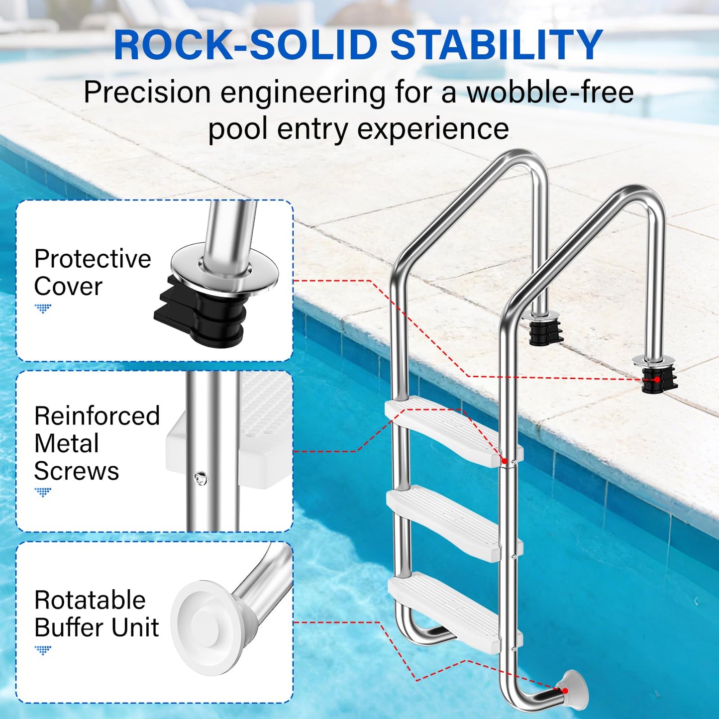 Swimming Pool Ladder for Inground Pools, 3-Step 304 Stainless Steel Pool Stairs with White Non-Slip Step Pads, Rugged & Durable for Indoor/Outdoor Pool, Supports 330 lbs