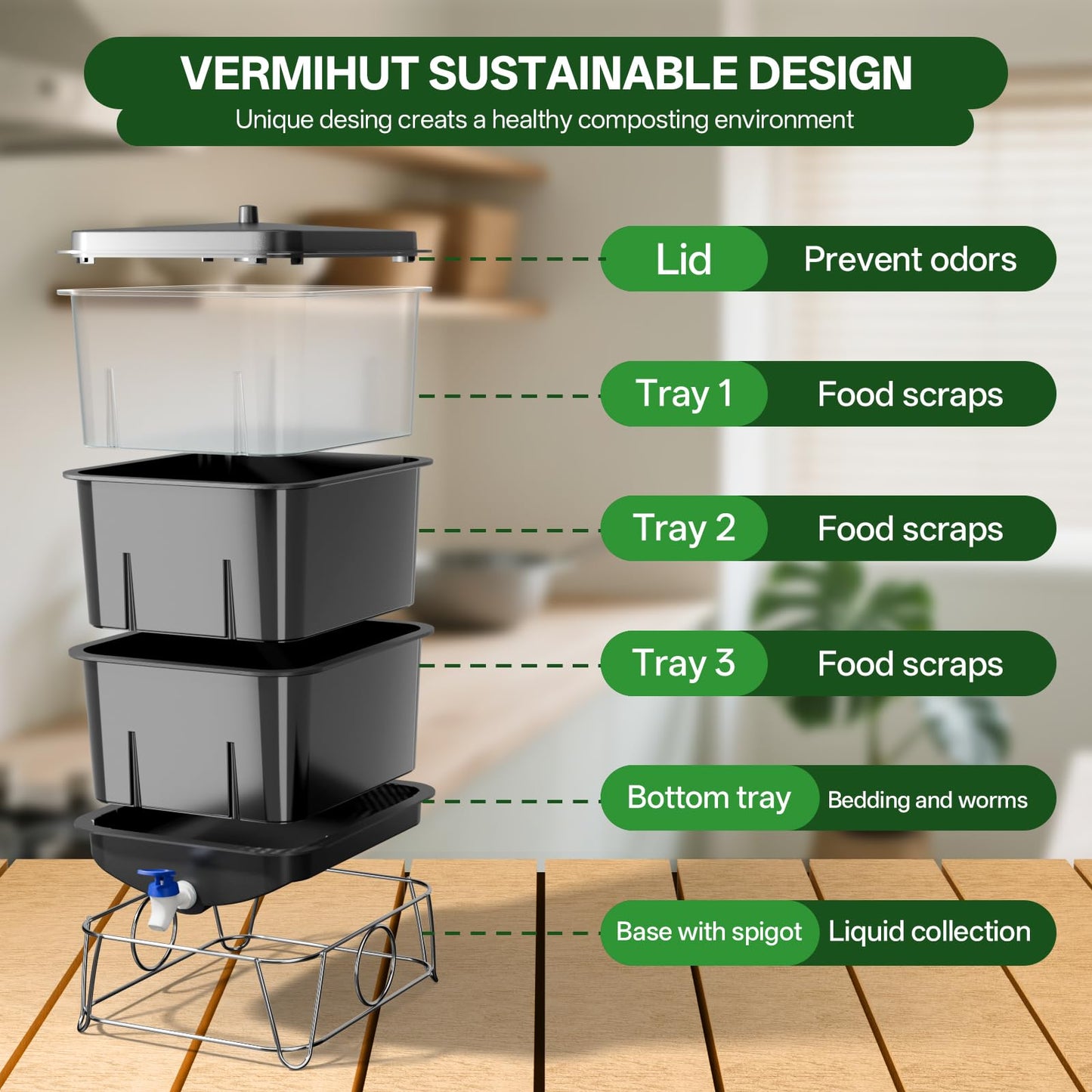 HCGADON 3-Tray 15L Worm Farm Composting Bin with Tool Set - Efficient Indoor/Outdoor Composter for Organic Waste Recycling, Beginner-Friendly Kit for Healthier Plants (Black)