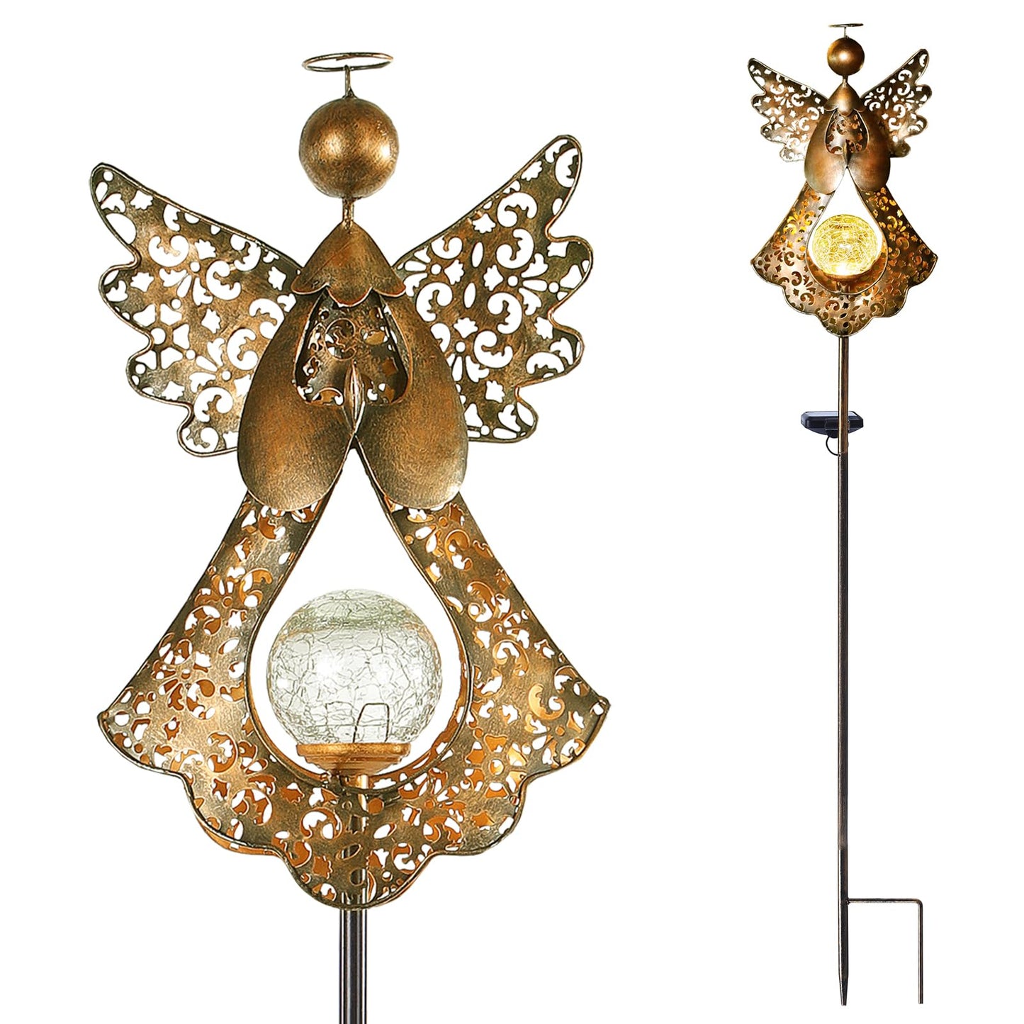 Starryfill Angel Stake Solar Lights with Crackle Glass Globe Waterproof Warm White LED, 40.5 inches Height Metal Bronze Stake Garden Patio Art Decor, Memorial Gift for Mom Women or Friends