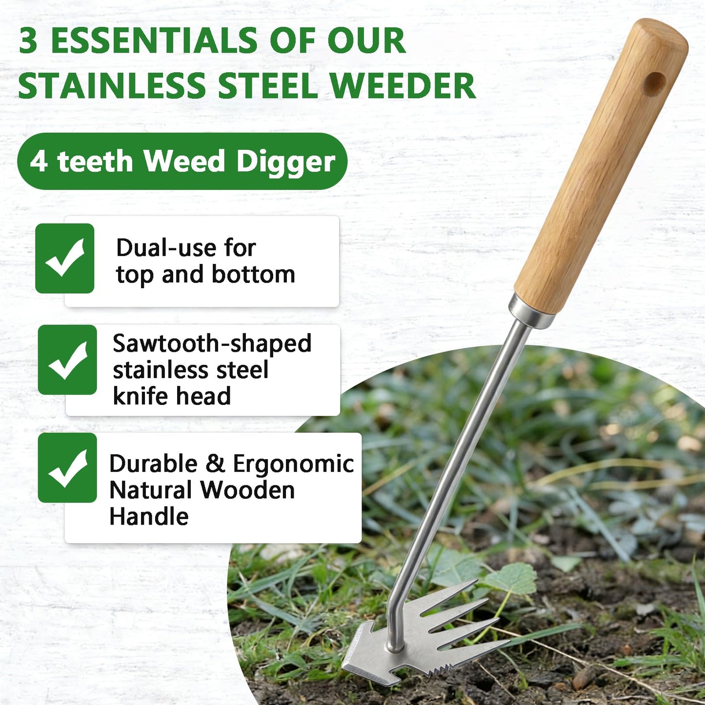 Doubleggs Weed Puller Tool, 2 Pack Garden Tools with 4 Teeth Weed Puller and Uprooting Weeding Tool for Garden, Patio, Lawn, Flower Beds and Sidewalk