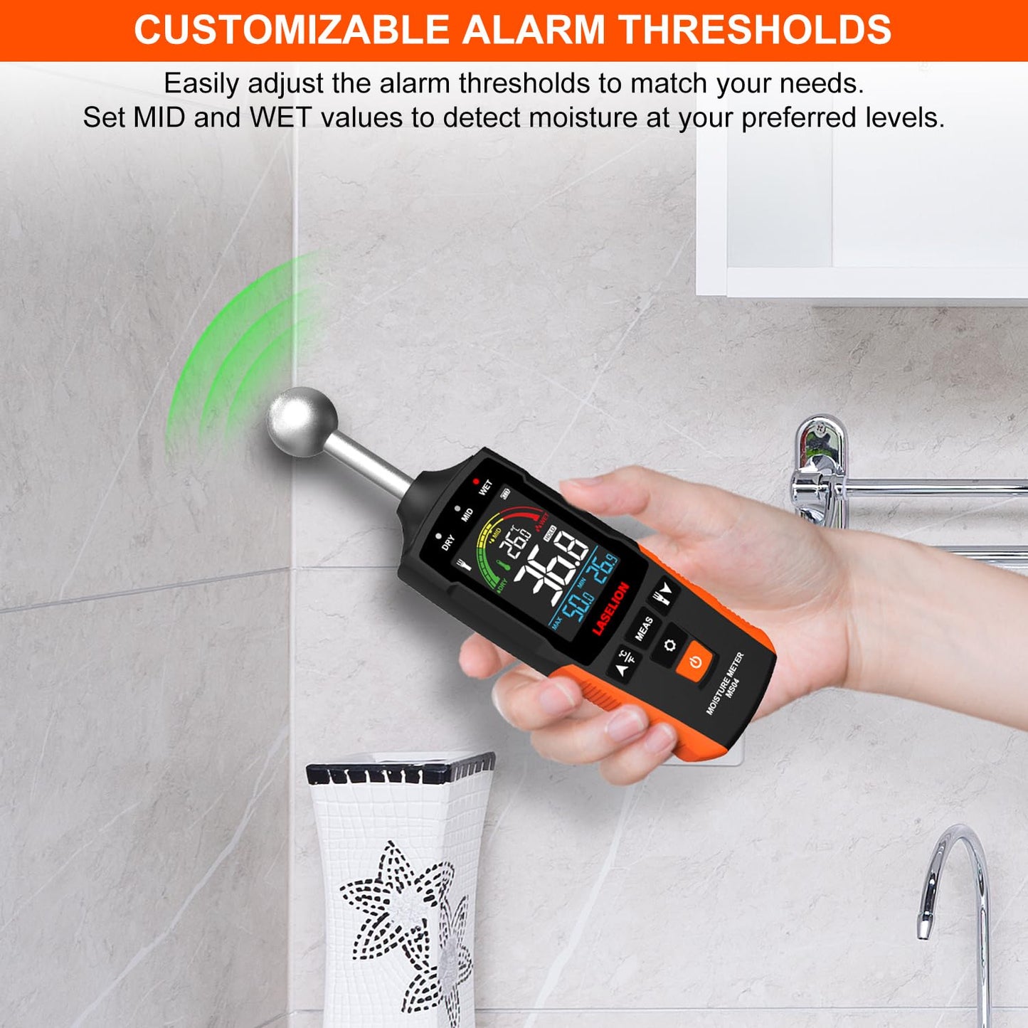 LASELION MS04 Pinless Moisture Meter with Ball Probe for Non-Destructive Area Scans Ideal for Wood Walls and Construction Materials Customizable Humidity Alarms Built-in Flashlight