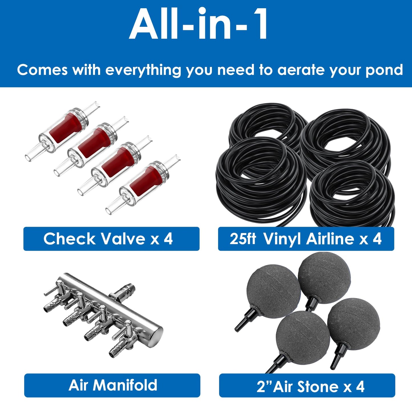 AquaMiracle All-in-One Koi Pond Aerator for Outdoor Ponds up to 3000 Gallons, Pond Air Pump Pond Aeration System with 4-Outlet Manifold Airline Tubing Air Stones Check Valves