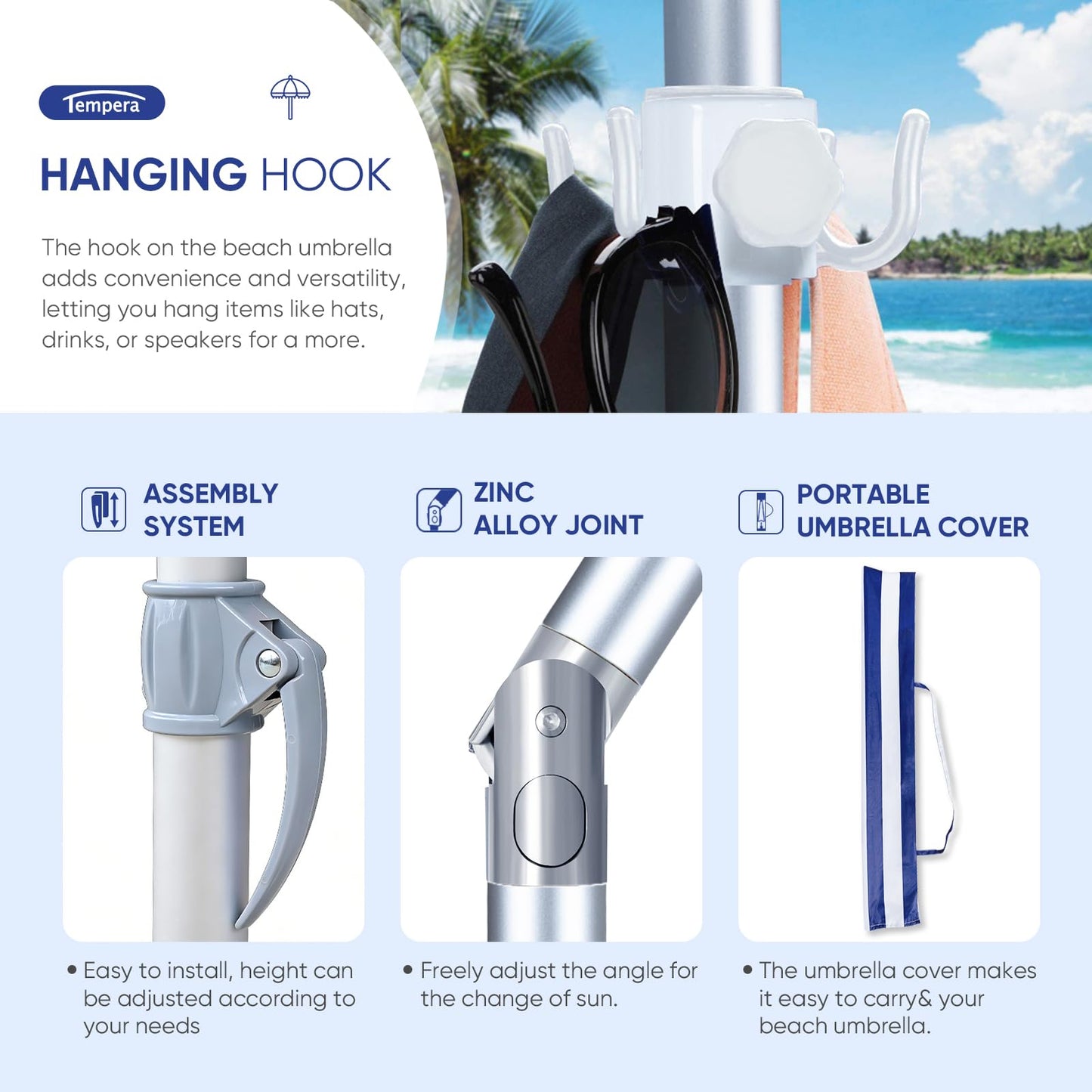 Tempera Heavy Duty High Wind Beach Umbrella with Sand Anchor & Carry Bag | Patio Outdoor Umbrella with Aluminum Frame and Push Button Tilt, Ideal for Garden Lawn, UPF 60+, Blue White Stripe