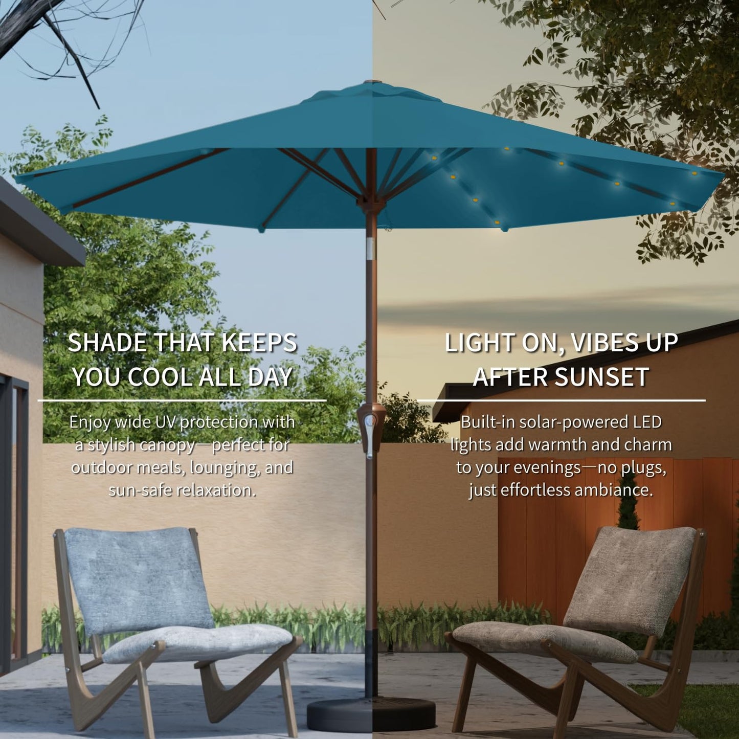 Patio Kingdom 9FT Solar Umbrella 32 LED Lighted Patio Umbrella Table Market Umbrella w/Tilt and Crank, UV-Resistant Outdoor Umbrella for Pool, Garden, Deck, Lake Blue
