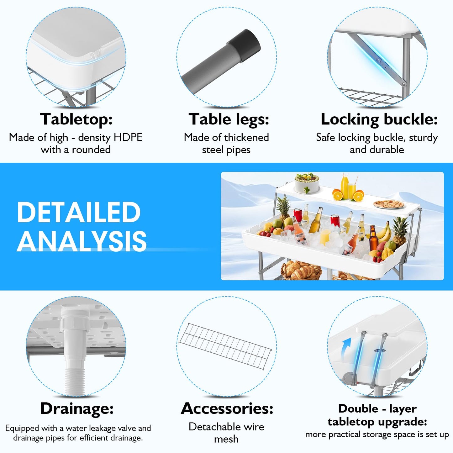 HLPB 4 FT Party Ice Cooler Folding Table with Folding Board, Outdoor ice Table with Skirt & Drain & Folded Buckets & Barbed Wire, Portable Foldable Bar Table for Party, BBQ, Camping, Picnic, White