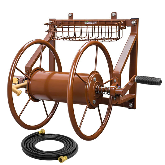 WERMAH Upgrade Wall Mounted Garden Hose Reel, Holds 135 ft of 5/8-inch Hose, Outdoor Water Hose Holder Winder, Space-Saving Design with Brass Fitting for Yard Lawn (Holds 135ft)