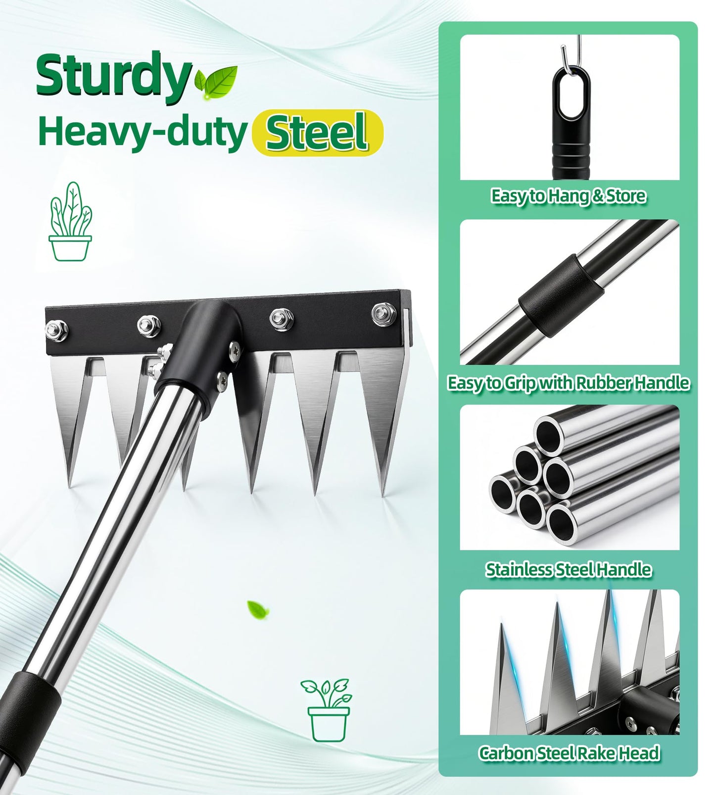 Joysuga Weed Rake Tool Iron Weed Puller with 71" Adjustable Long Handle, 6 Teeth Garden Weed Remover Tool Heavy Duty Manual Weed Puller with Gloves for Yard, Lawn, Garden