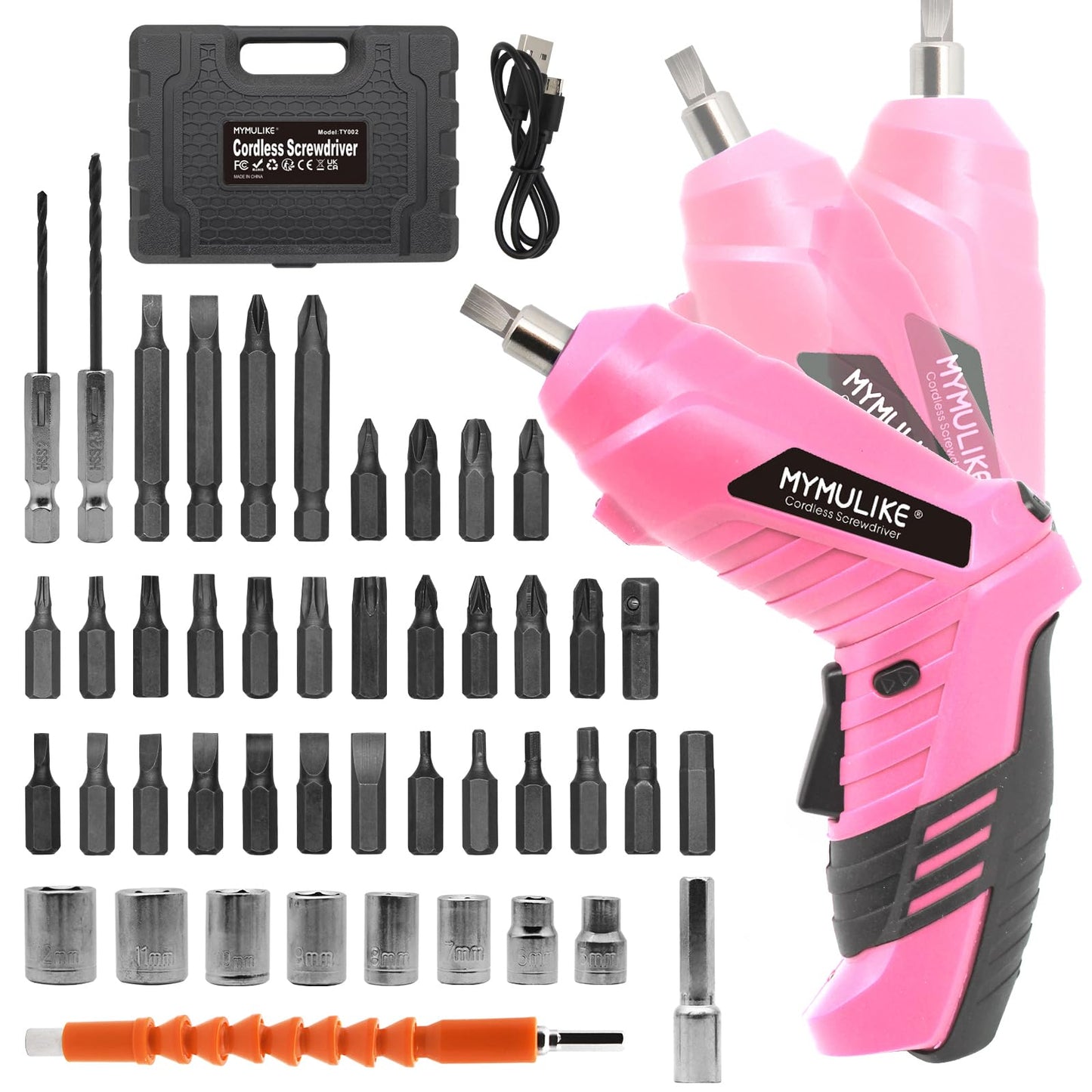 MYMULIKE Cordless Electric Screwdriver, 3.6V Rechargeable Power Screwdriver with 47 pcs Accessories, usb charging, 3Nm Screw Gun, mini Carrying screwdriver set with LED Light Electric Power Drill Set