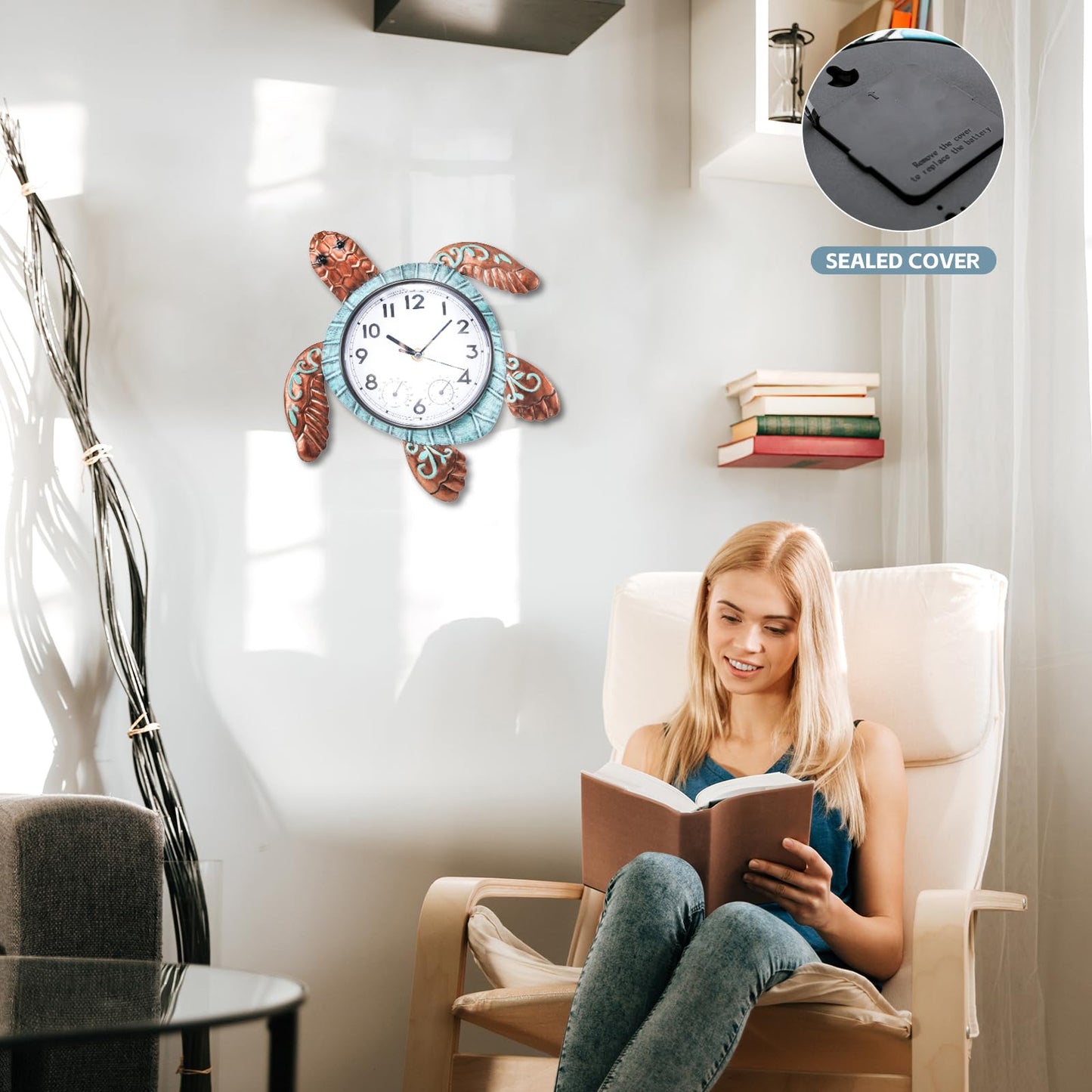 MUMTOP Turtle Outdoor Clock Waterproof, 12.6 Inch Outside Wall Clock with Thermometer Combo for Patio Pool Garden Home Decor