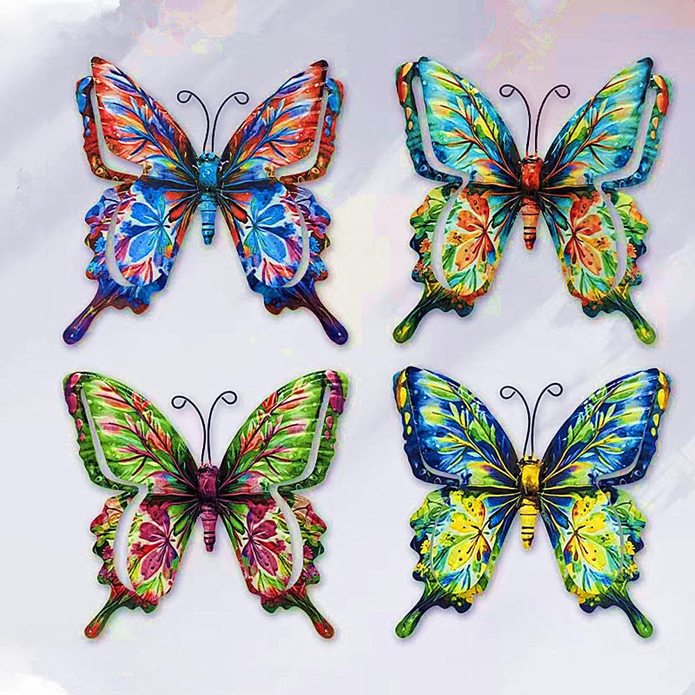4Pcs Butterfly Metal Wall Decor,6.7"x6.5" Outdoor Hanging Wall Art Sculptures Decoration for Living Room Fence Garden Yard Patio Balcony Office