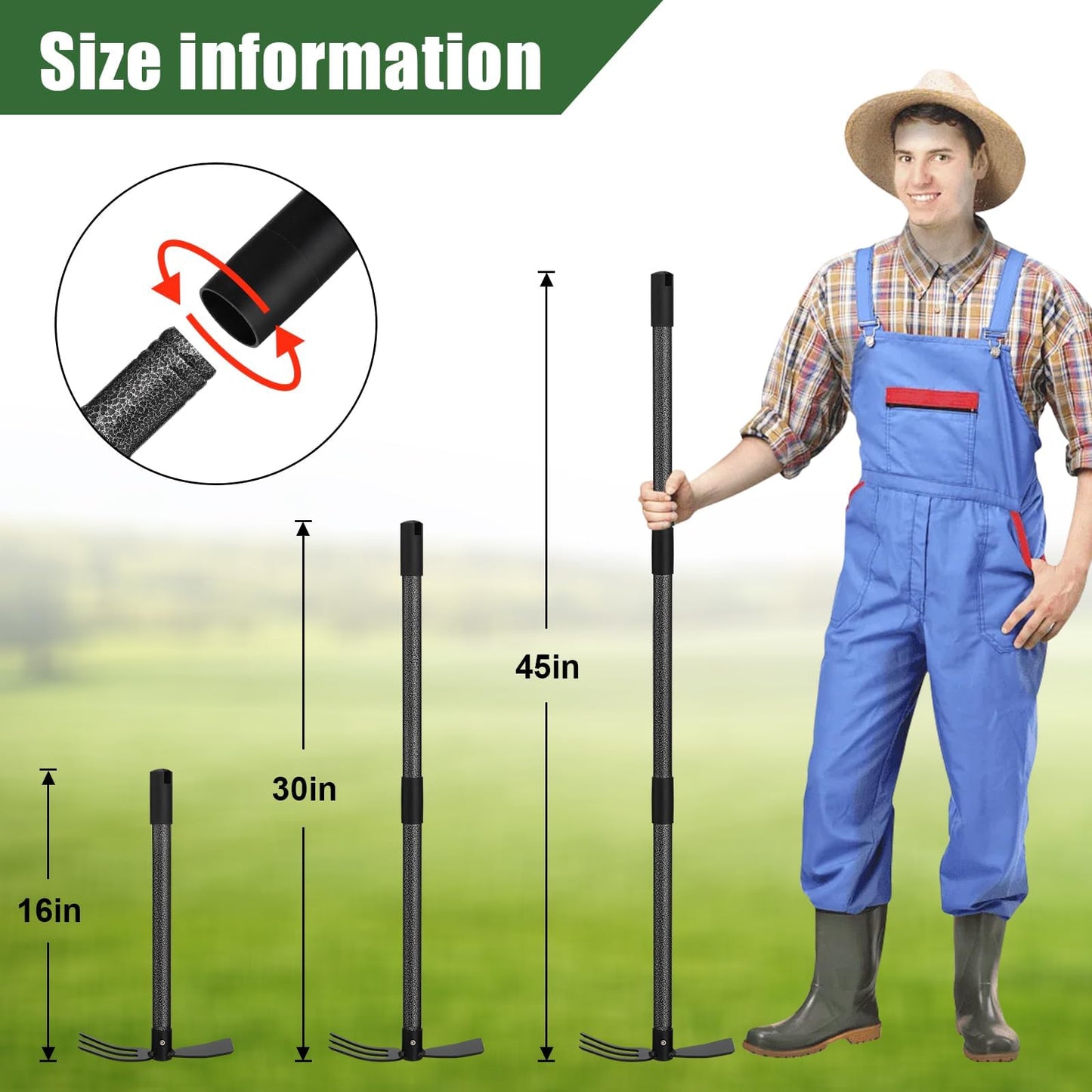 UIABOPZ Hoe Garden Tool, 45 Inch Garden Hoe Adjustable Long Handle, 2 in 1 Garden Hoe for Weeding, Stainless Steel Weeder Tool for Yard Long Handle, Gardening Hoe for Planting, Lossening, Digging