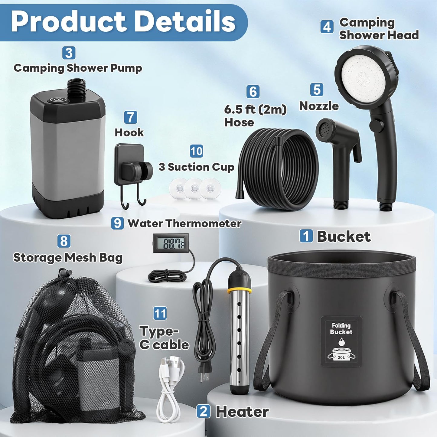 Portable Shower with Heater 1500W Camping Water Heater with Shower Head 3 Spray Modes, 6000mAh Rechargeable Shower Pump with LED Display Foldable Bucket Outdoor Showering for Hiking RV Car Travel Pet