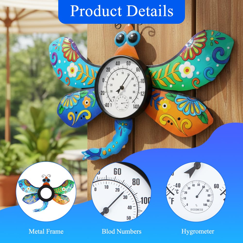 HOBYLUBY Indoor Outdoor Thermometer, Large Wall Thermometer Hygrometer No Need Battery, Easy to Read Decorative Outside Thermometer for Patio, Garden, No Require Batteries(Blue & Green)