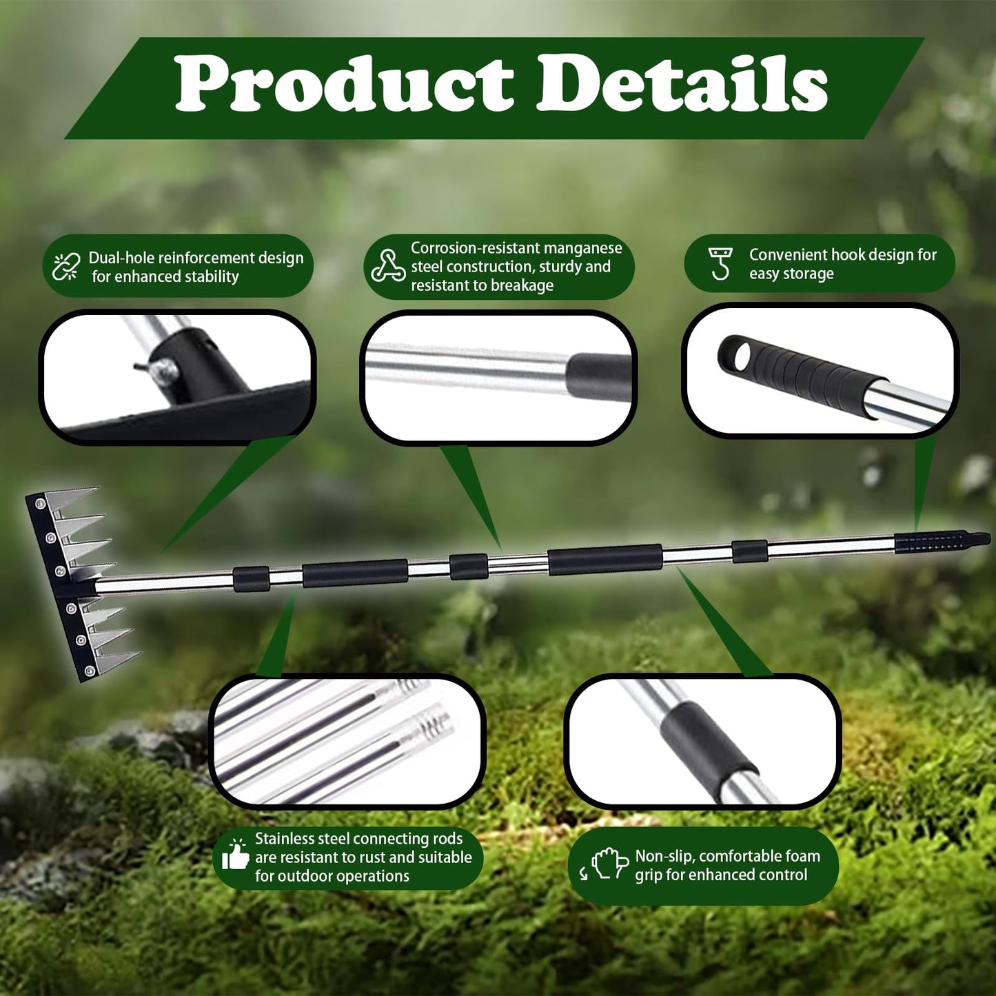 SXIDPDA Stainless Steel Weeding Tool, Thickened Version 8 Tines Weeder Rake, Weed Puller Tool with Long Handle, for Removing Weeds, Loosening Soil, Cleaning Flower Beds, Pine Needles & Lawn Prep