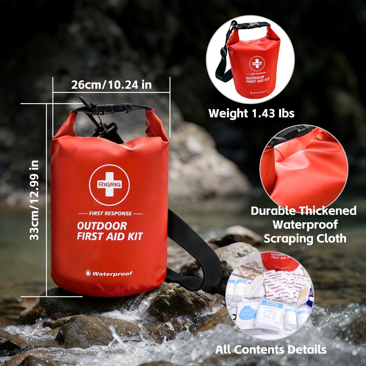 RIGRIG Waterproof First Aid Kit 186 Pcs Survival Gear, Portable Small Boat Dry Bag Bug Out Bags, Emergencies Medical Kit Ideal for Boating, Fishing, Hiking, Camping, Kayaking (Red)
