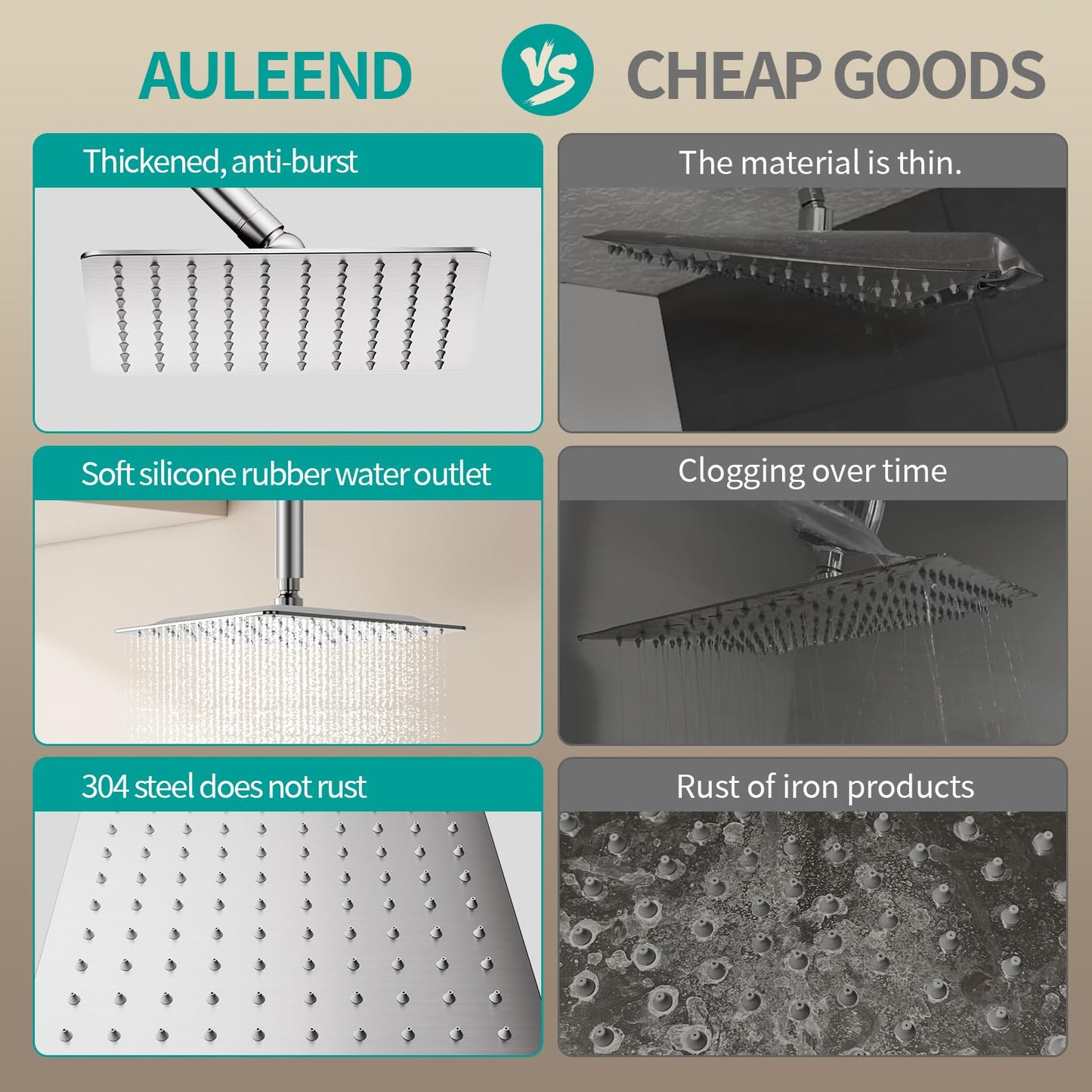 AULEEND Square Rain Shower Head, High Flow Stainless Steel,Work with any decorative style，All Metal Rainfall Shower Head (Brushed Nickel, 10)