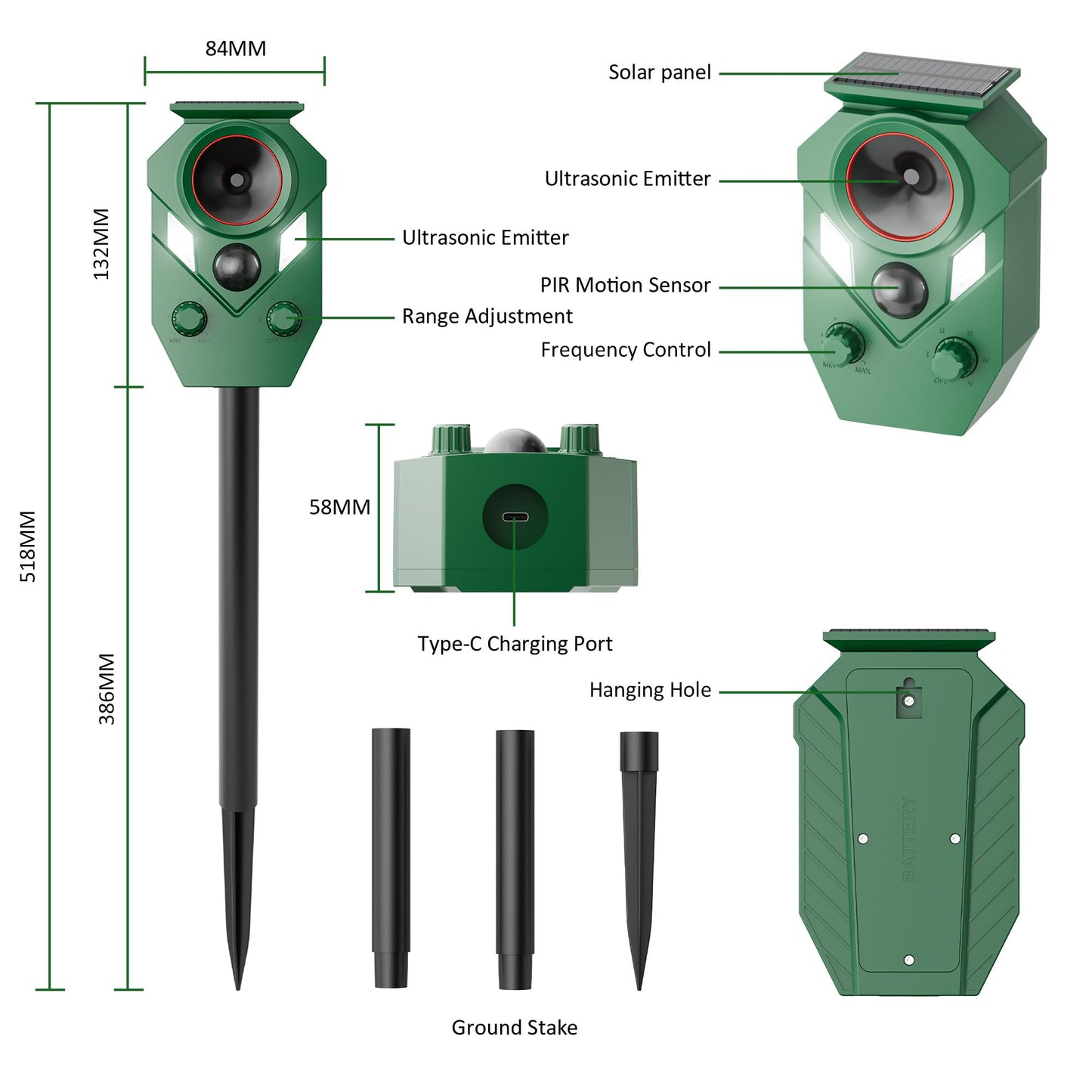2-Pack Solar Powered Ultrasonic Animal Repeller, Outdoor Waterproof Deer Squirrel with Motion-Activated Sensor Strobe Light, for Cats, Raccoons, Skunks, Rabbits and More