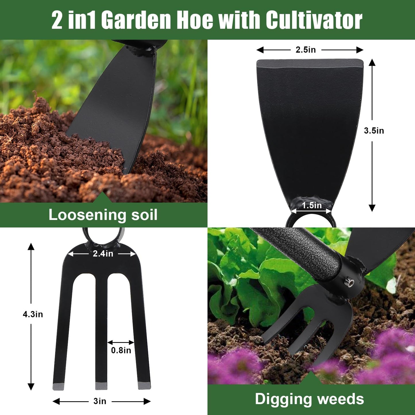 UIABOPZ Hoe Garden Tool, 45 Inch Garden Hoe Adjustable Long Handle, 2 in 1 Garden Hoe for Weeding, Stainless Steel Weeder Tool for Yard Long Handle, Gardening Hoe for Planting, Lossening, Digging