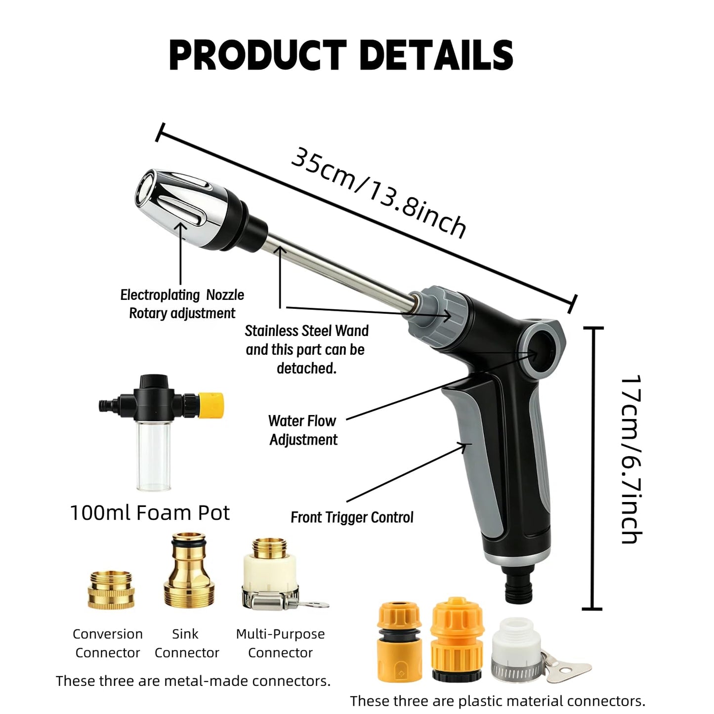 High Pressure Hose Nozzle-Turn Any Hose Into High-Pressure Water Cleaning Jet,Rotating Nozzle with 3 Spray Modes and Can Control The Flow of Water for Garden Hose,Patio, Car (Complete Set)