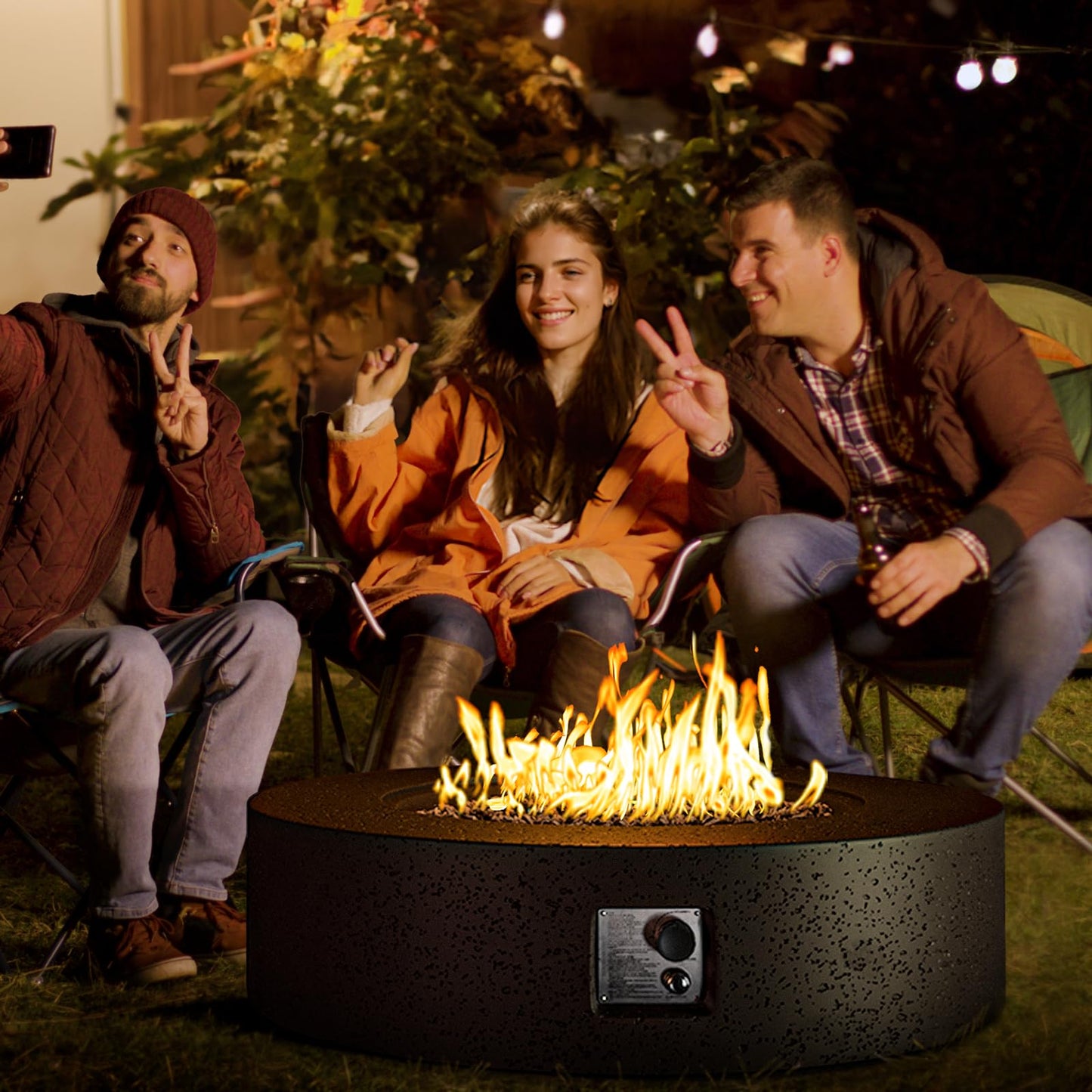 COSIEST 42 inch Outdoor Propane Fire Pit Coffee Table w Concrete Round Base Patio Heater, 50,000 BTU Stainless Steel Burner, Free Lava Rocks, Rain Cover, Brown