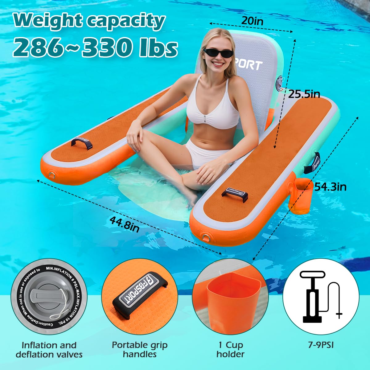 FBSPORT Inflatable Pool Float Lounger for Adults, Water Floating Chair Pool Float Raft with Cup Holder and Backrest for Swimming Pool, Lake, Party and Beach
