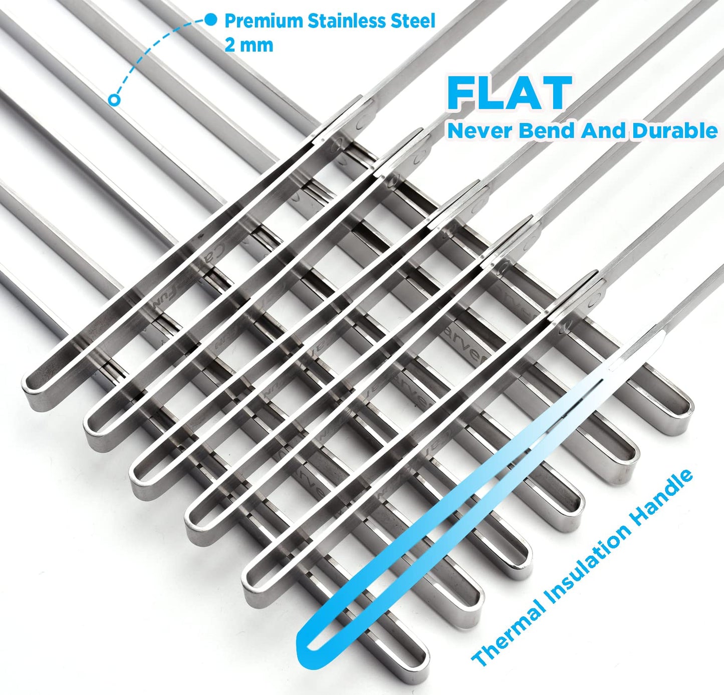 Carvefun Innovative Thermal Insulation Handle BBQ Skewers Set - 6 Stainless Steel Wide BBQ Kebob Sticks For Grill - Flat Metal With 1 Food Remover Bar - 16.7' Inch Metal Kabob Skewers