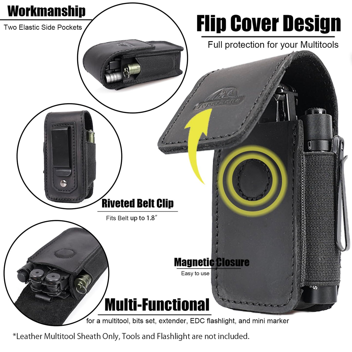 Topstache Leather Multitool Sheath with Belt Clip - EDC Multi Tool Holster for Folding Tool - Leather EDC Holster Pouch Belt Organizer - Magnetic Closure Multitool Case Sheath, M,Black