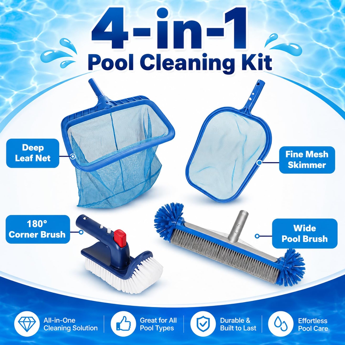 Ahomdoo Pool Cleaning Kit Professional Heavy Duty Leaf Skimmer Net, Deep Bag Rake & Wall Scrubber Brush, 4-Piece Pool Cleaning Equipment Set for Above Ground & Inground Pools (Pole Not Included)