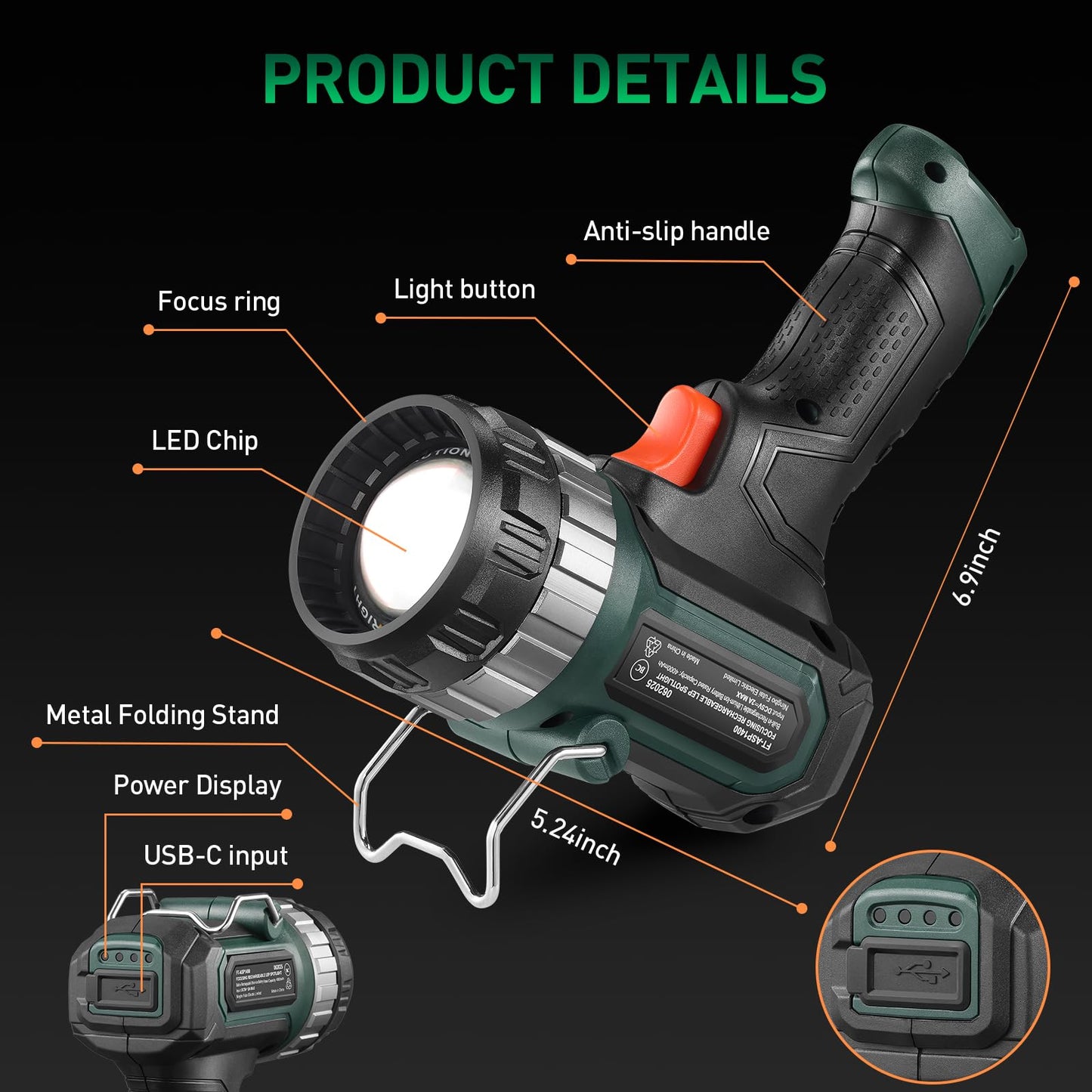 FORTO Compact Rechargeable Spotlight with Adjustable Focus, Handheld Spot Light with Stand, 823m Range, 3 Light Modes and LED Spot Lights Outdoor for Boating Hunting Camping Hiking