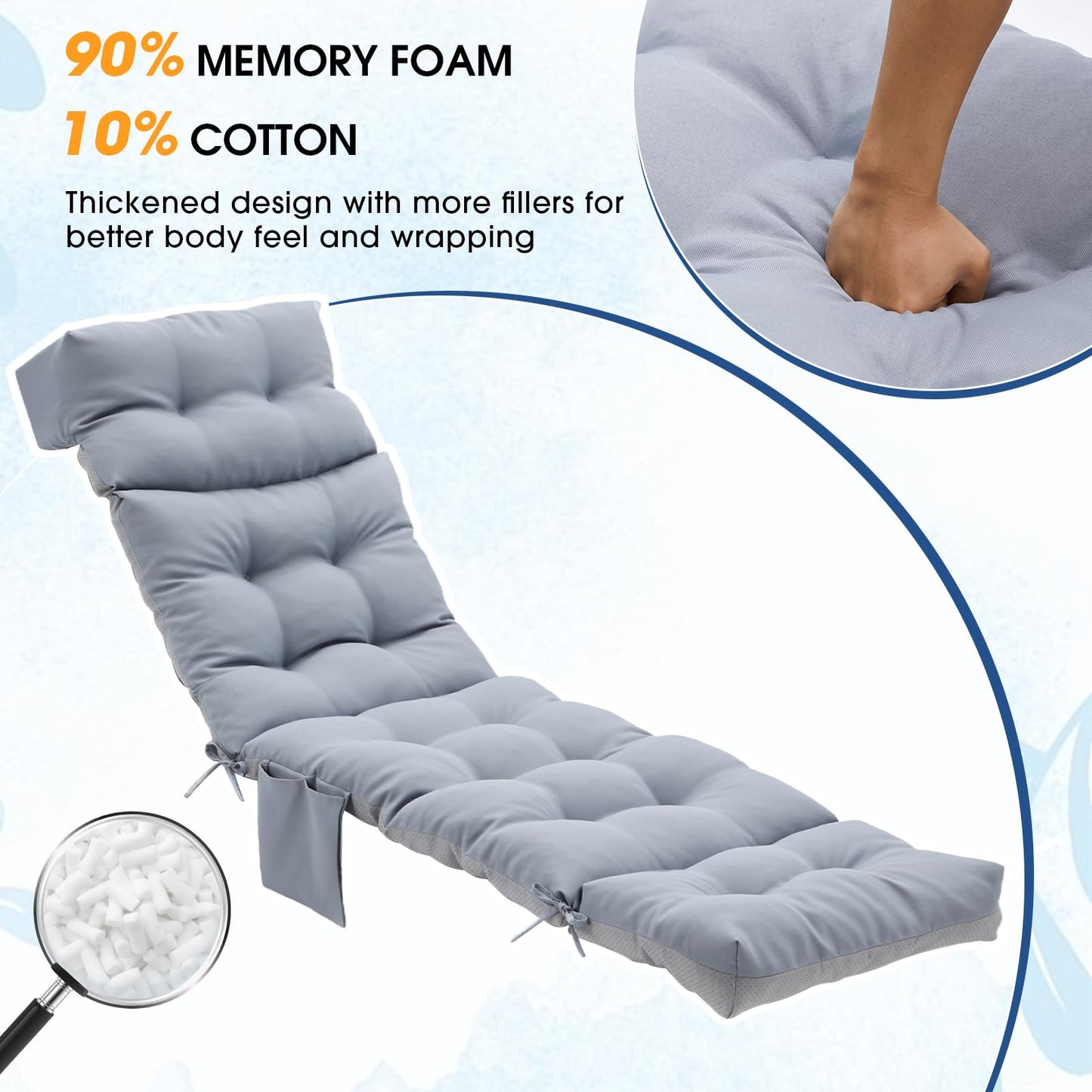 GNRZZT Outdoor Chaise Lounge Cushion 76 x 22 x 4.7 Inch, Thick Tufted Lounge Chair Cushion Replacement Pad for Patio Recliner, Indoor Outdoor Long Seat Cushion with Ties, Light Gray