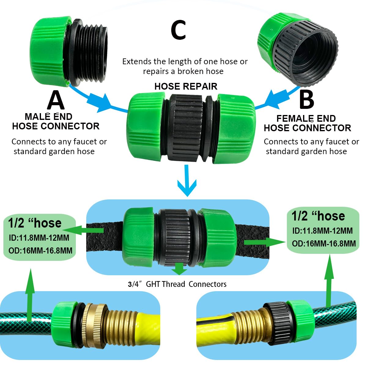 AMRITA Fittings for 1/2" Garden Soaker Hose, Female/Male Connector&Valves&Straight Connectors.(Fittings)