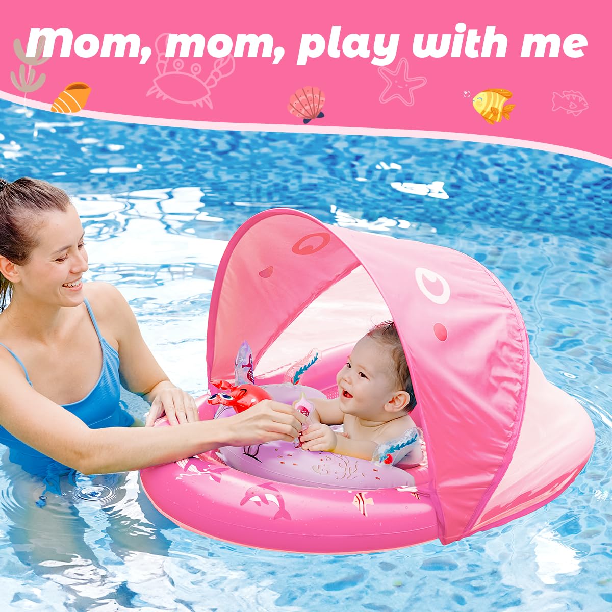 LAYCOL Baby Pool Float with Canopy UPF50+, 120°Adjustable Sun Protection and Anti-Tip Safety Seat, Inflatable Toddler Floaties Infant Pool Float with Animal Pool Toys, Baby Beach Essentials for 6-36M
