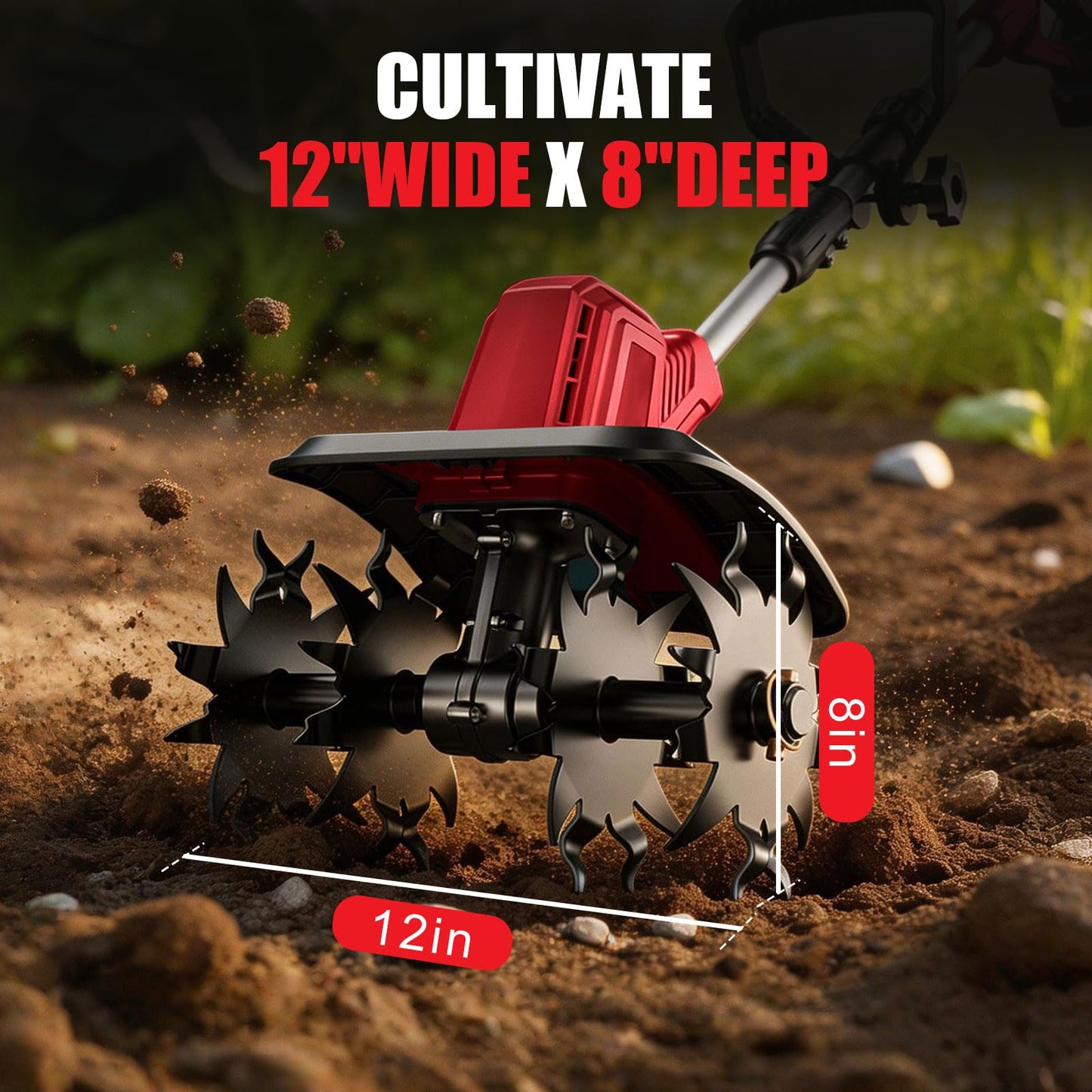 21V Electric Cordless Tiller Cultivator, 360RPM Garden Tiller with 2 x 4.0Ah Batteries Charger, 12In Tilling Width & 8In Depth Garden Rototiller for Lawn, Gardening, Soil Cultivation (RED-1)