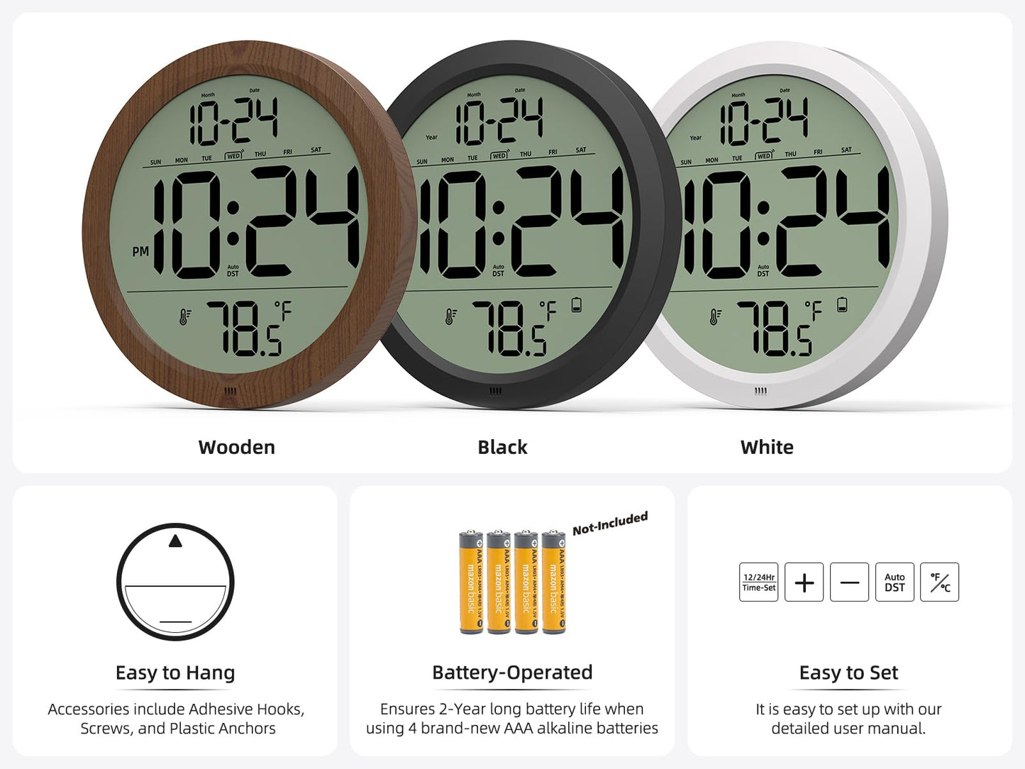 Digital Wall Clock with Date, Indoor Temperature, Auto-DST, Battery-Operated Digital Clock, 8 Inch Small Decorative Wall Clock for Bedroom, Living Room, Home, Kitchen, Office, Modern, Electric, Simple