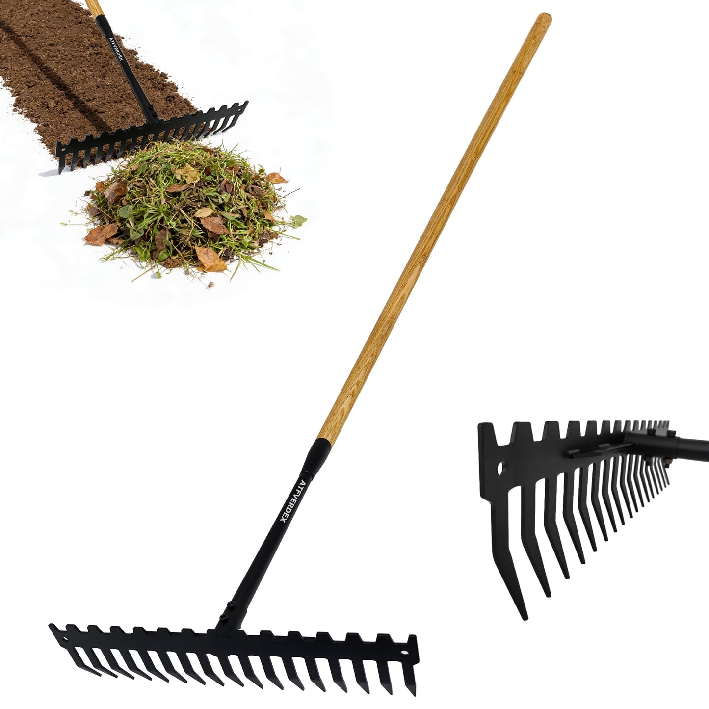 ATFVERDEX Garden Rake,60" Wooden Handle with 17-Tine Metal Bow Rake,Rock Rake Heavy Duty for Loosening Soil,Leveling Gravel,Clearing Fallen Leaves,Removing Sod and Landscaping