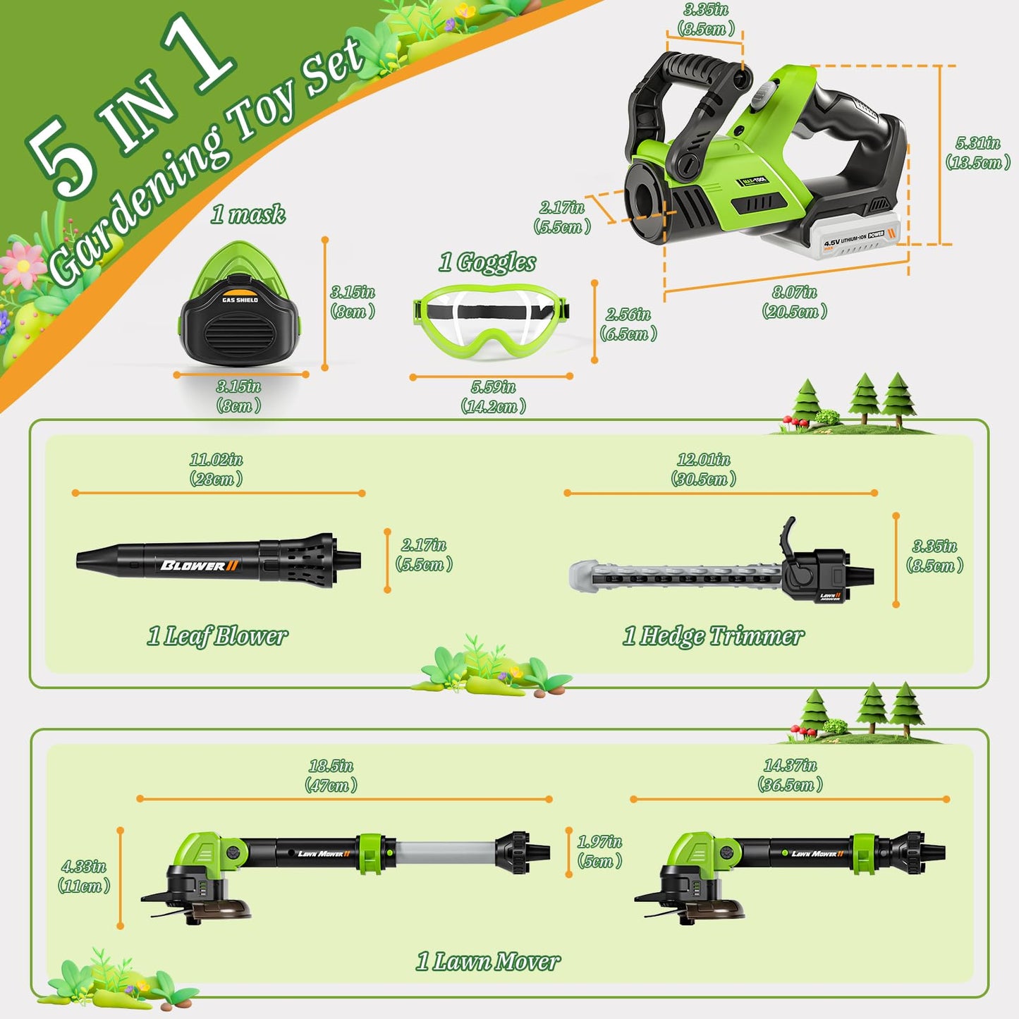 UPGRADED Kids Tool Set, 3-IN-1 Toddler Power Garden Tools with Sounds & Lights, Volume+/-, Toy Weed Wacker, Leaf Blower & Hedge Trimmer, Hat, Gloves, Apron, Toy Tools Christmas Birthday Gifts for Boys