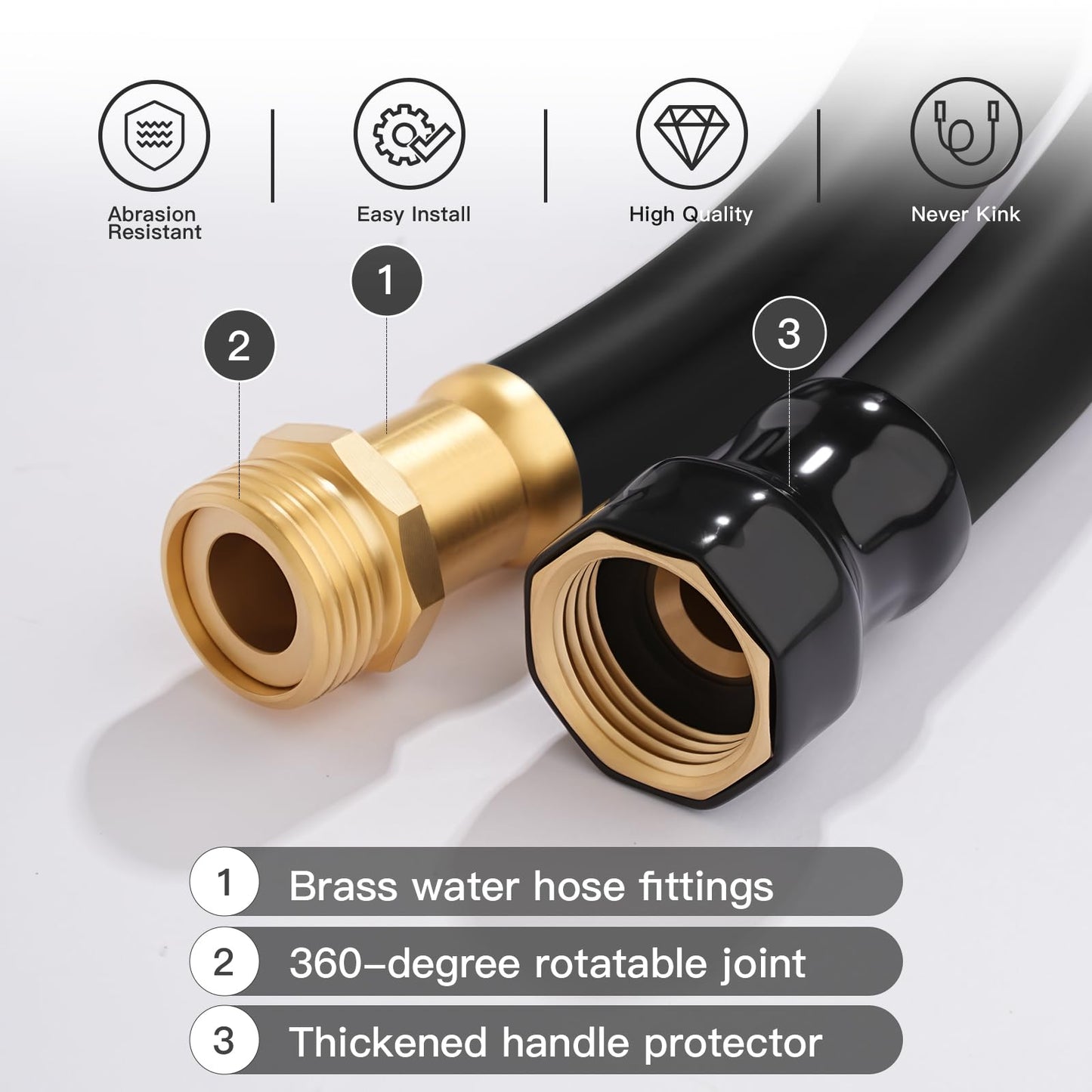 Garden Hose 5/8" x 100ft - Brass Rubber Heavy Duty Water Hose 600 PSI Burst Pressure, Durable Flexible Hose for Yard, Car Wash, Pets Black