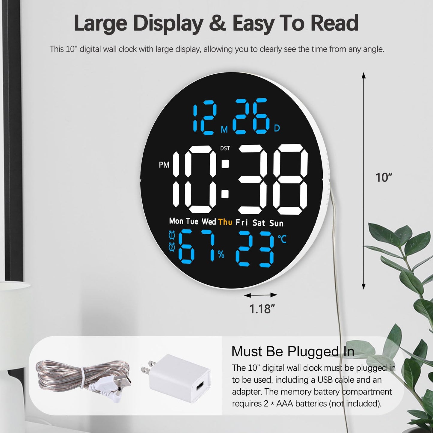 JoFomp 10" Large Digital Wall Clock with Remote Control, LED Display, Plug-in Digital Alarm Clock, Auto Brightness, DST, Temperature, Humidity, Applied to Classroom, Bedroom, Living Room, Office, Gym