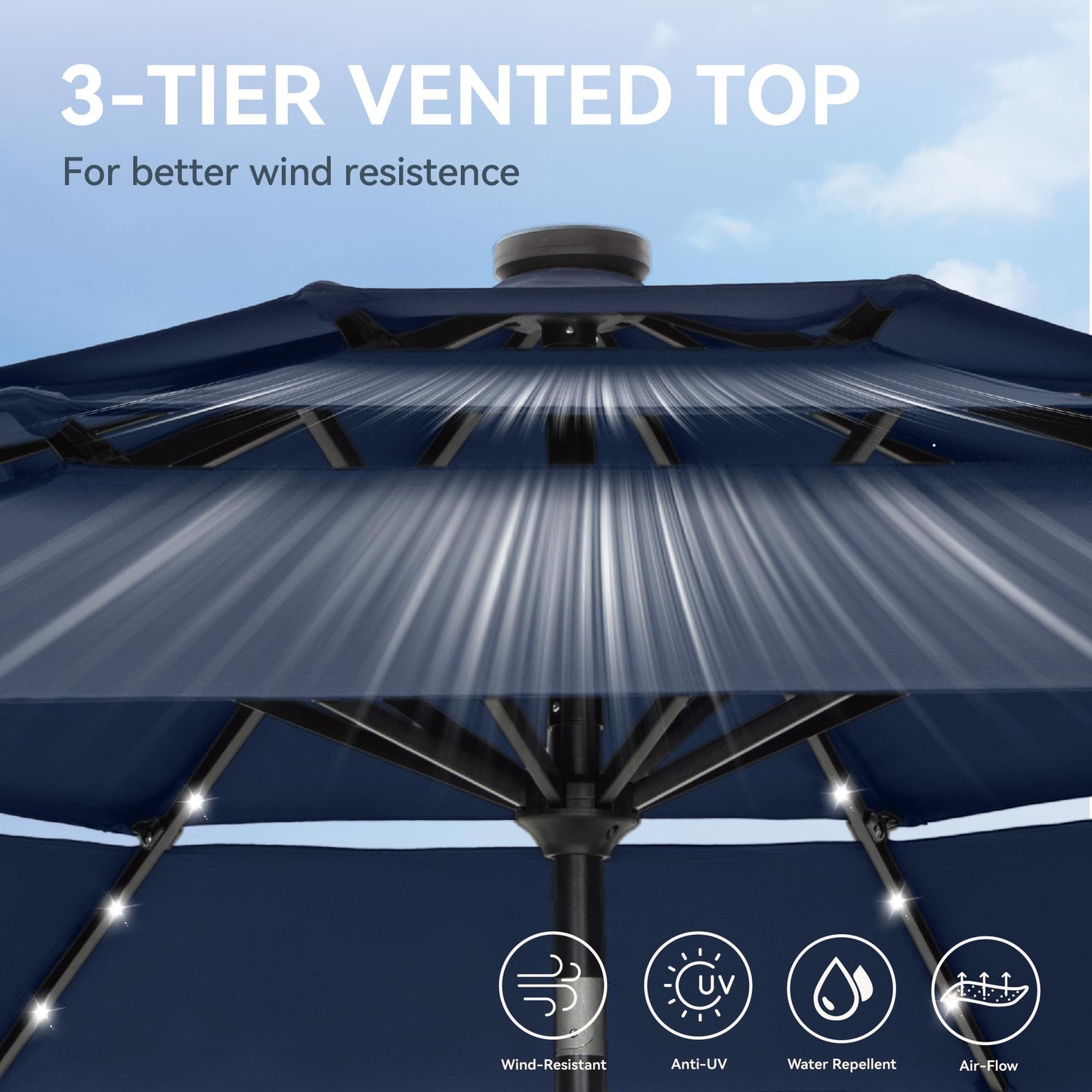 GREEN PARTY 10ft Patio Umbrella with Solar Lights, Auto-Tilt Lighted Market Table Umbrellas with Crank, 8 Sturdy Ribs & 1.5" Pole outdoor umbrellas for Patio Garden Deck Backyard Pool, Navy Blue