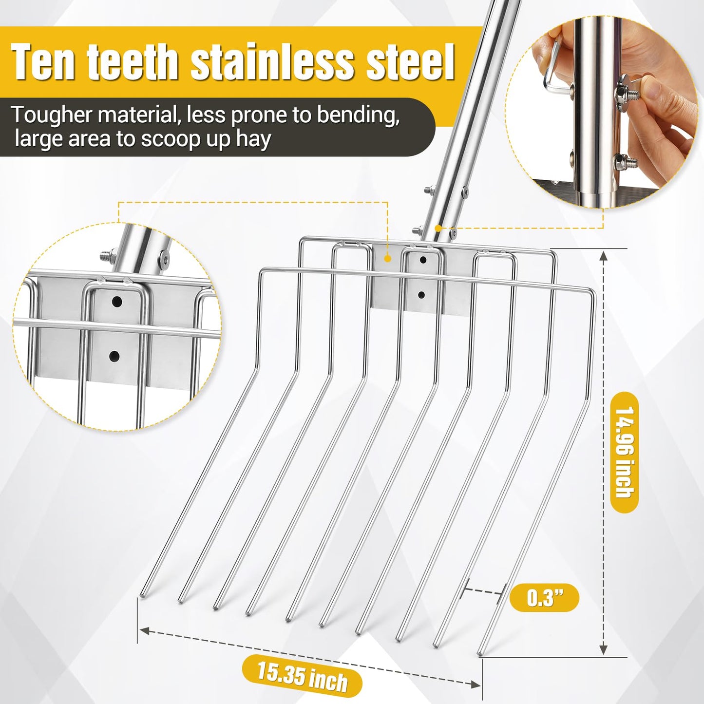 AugFir Pitchfork for Gardening, 50" Multifunctional Stainless Steel Garden Pitchfork with Handle, Suitable for Shoveling, Fertilizing, Transplanting, Mulching Garden Fork - 10 Tines